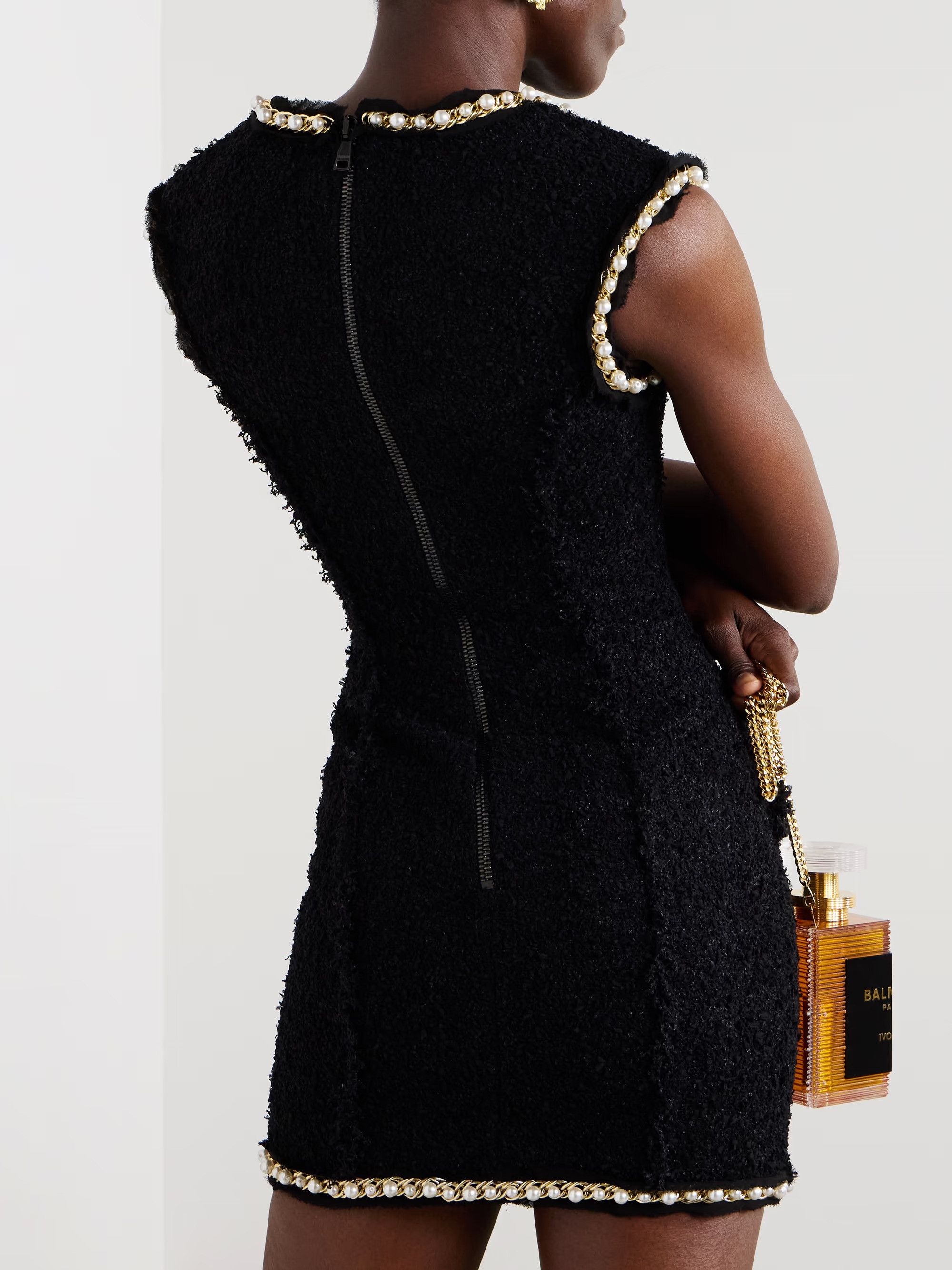 Balmain o1s1wg110526 Embellished Metallic Tweed Mini Dress in Black Size XL / US 12-14 / IT 48-50 - 3 Thumbnail