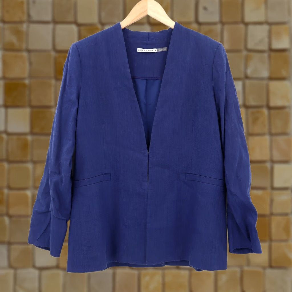 Alice + Olivia Alice & Olivia Blazer Linen Blend Azure Blue Sz 12 Women Jacket Coat Blazer Buttonless Hook & Eye Mid-Length Plain Lined Dry Clean Only Classic Fit Size XL / US 12-14 / IT 48-50 - 1 Thumbnail