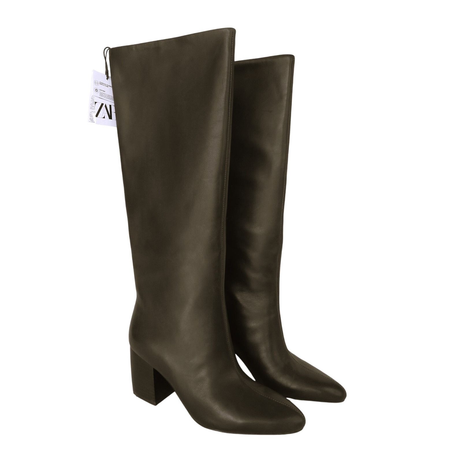Zara ZARA Brown Pull On Leather Block Heel Knee High Boots Sz 9 Size US 9 / IT 39 - 1 Thumbnail