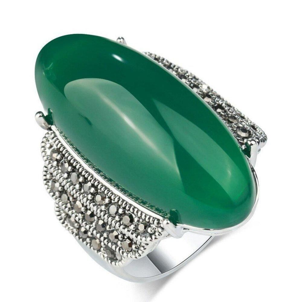Designer Vintage 32mm Green Amber Antique Silver Ring - Size 8 Size ONE SIZE - 3 Thumbnail
