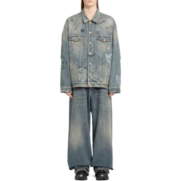 Balenciaga o1w1db10625 Scribble Oversized Jacket in Blue Size S / US 4 / IT 40 - 2 Thumbnail