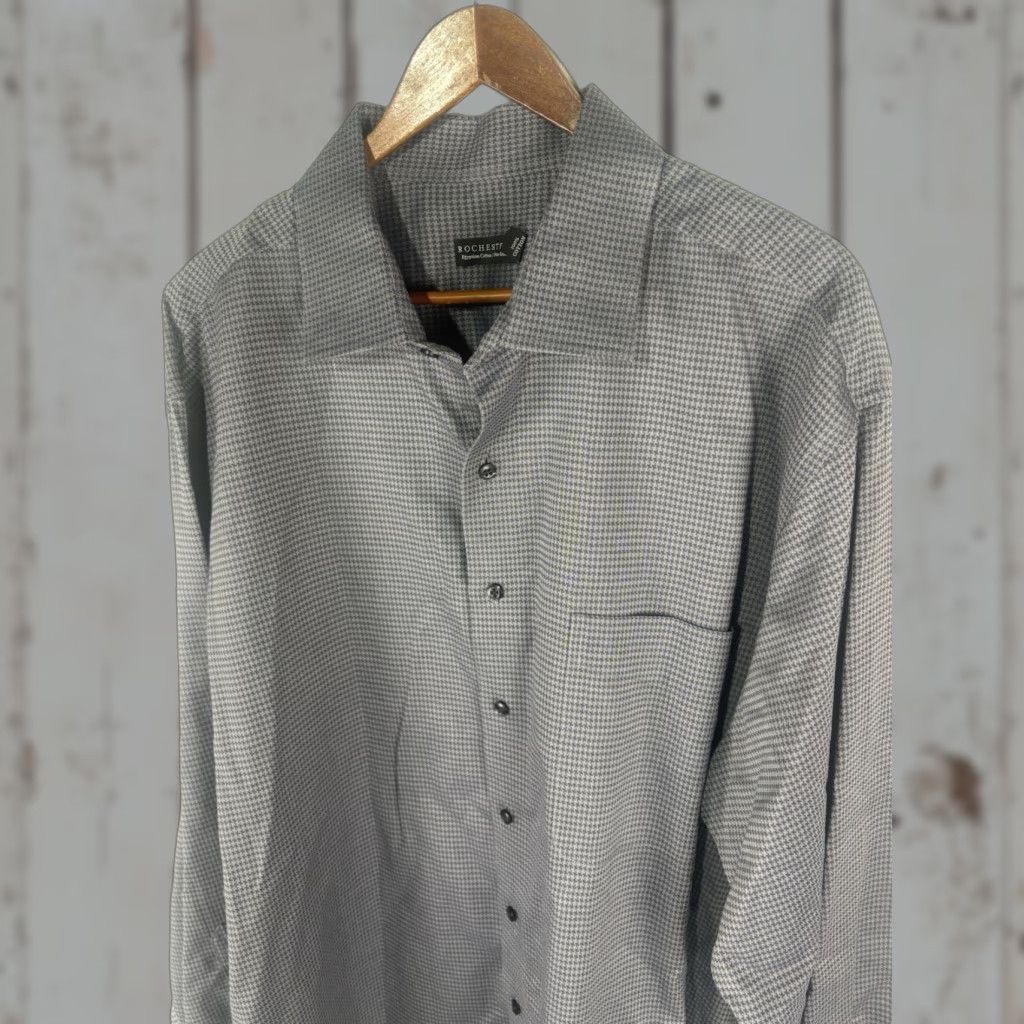 Vintage Rochester Dress Shirt Rochester 100% Egyptian Cotton Button-Down Woven White/Gray Geometric Non-Iron Long Sleeve 36/37T Big & Tall Mens Shirt Size 36R - 1 Thumbnail