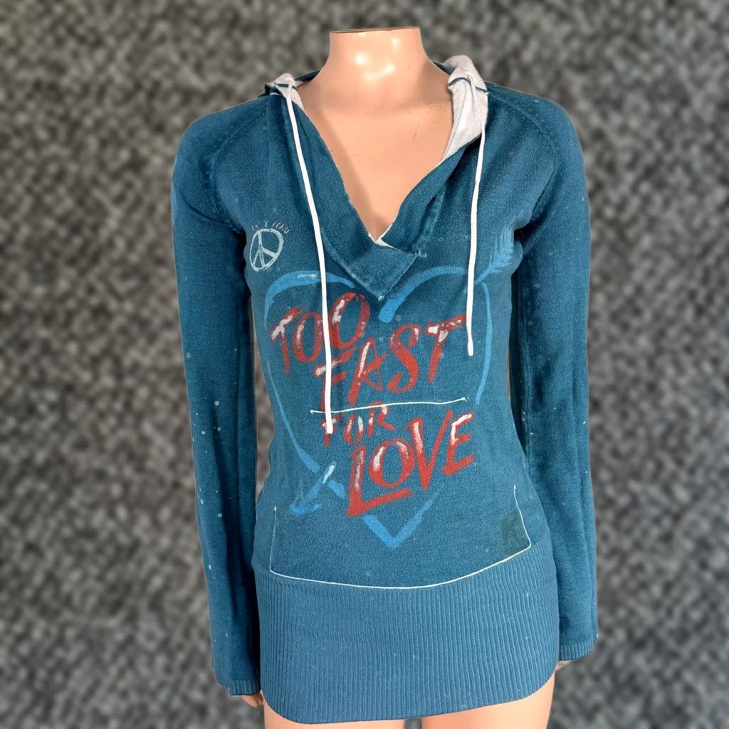 Affliction VINTAGE Affliction Womens Top S Cotton Knit Reversible Hoodie Hooded Bell Sleeve Y2K Blue White Logo Casual Size S / US 4 / IT 40 - 1 Thumbnail