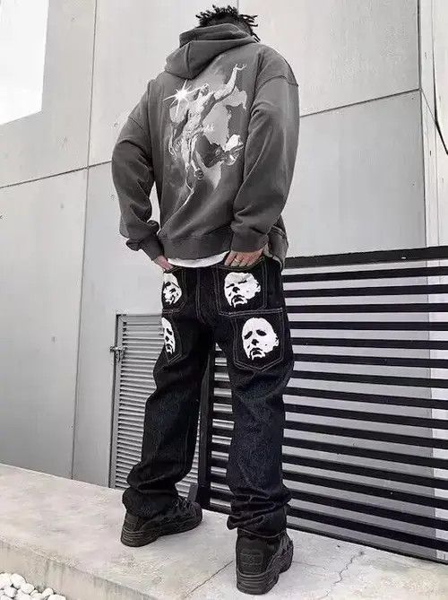 Jean FACES Graphic Black Denim Jeans Size US 30 / EU 46 - 1 Thumbnail