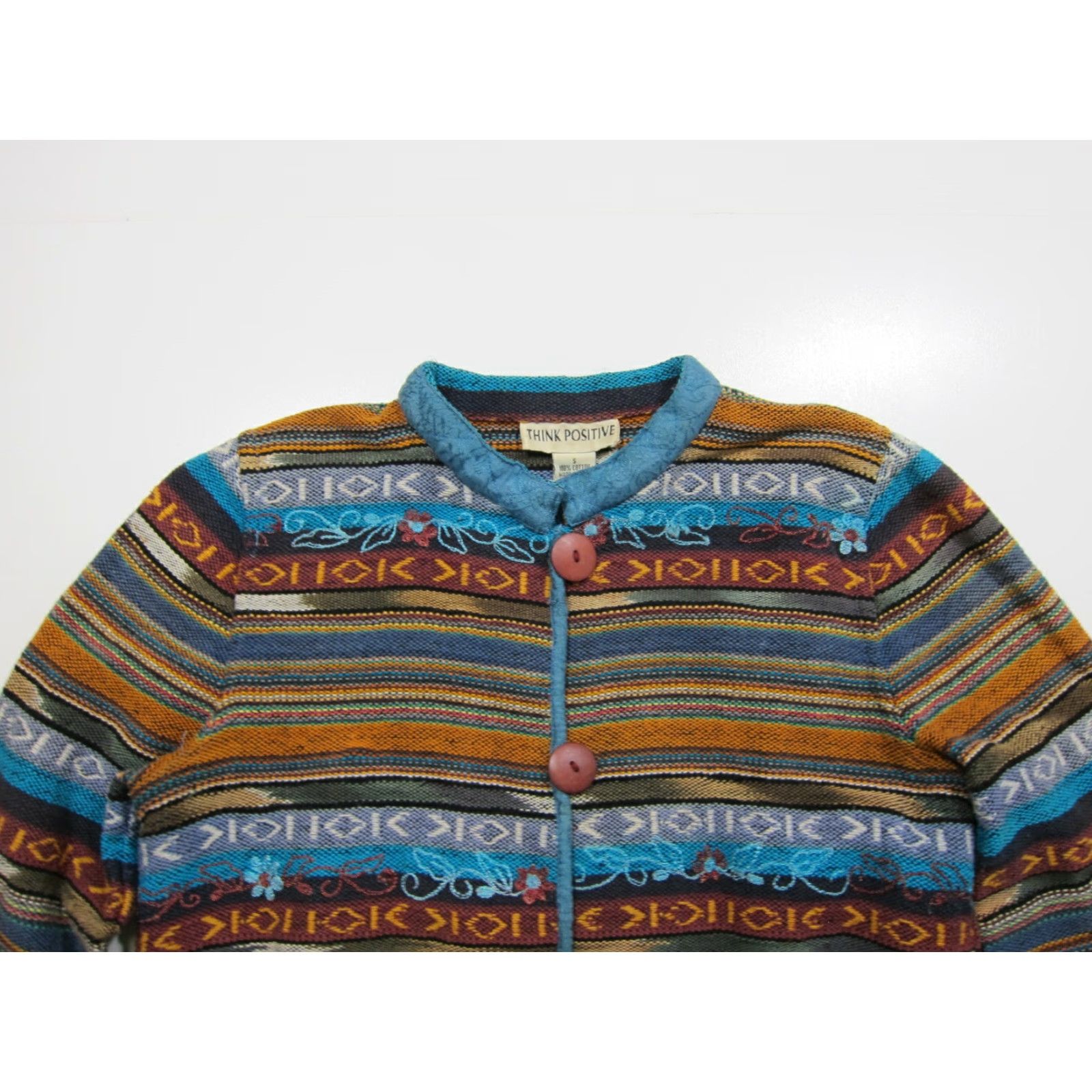 Vintage VINTAGE Think Positive Woven Cotton Blue Orange Ethnic Button-Down Jacket Women Small Size S / US 4 / IT 40 - 5 Thumbnail