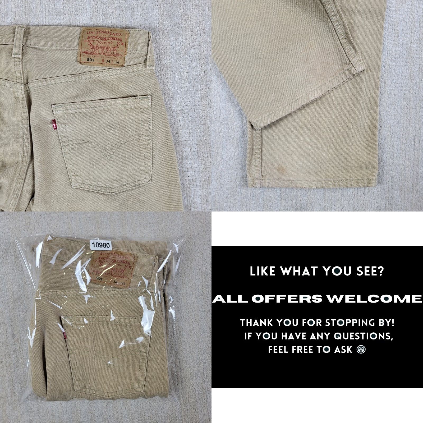 Levi's VINTAGE Levi's 501 Jeans Mens 34X34 Beige Blue Distressed 90s USA Straight Button Fly Regular 5-Pocket Denim Cotton Cotton Jeans Mens Levi's 501 Size US 34 / EU 50 - 9 Thumbnail