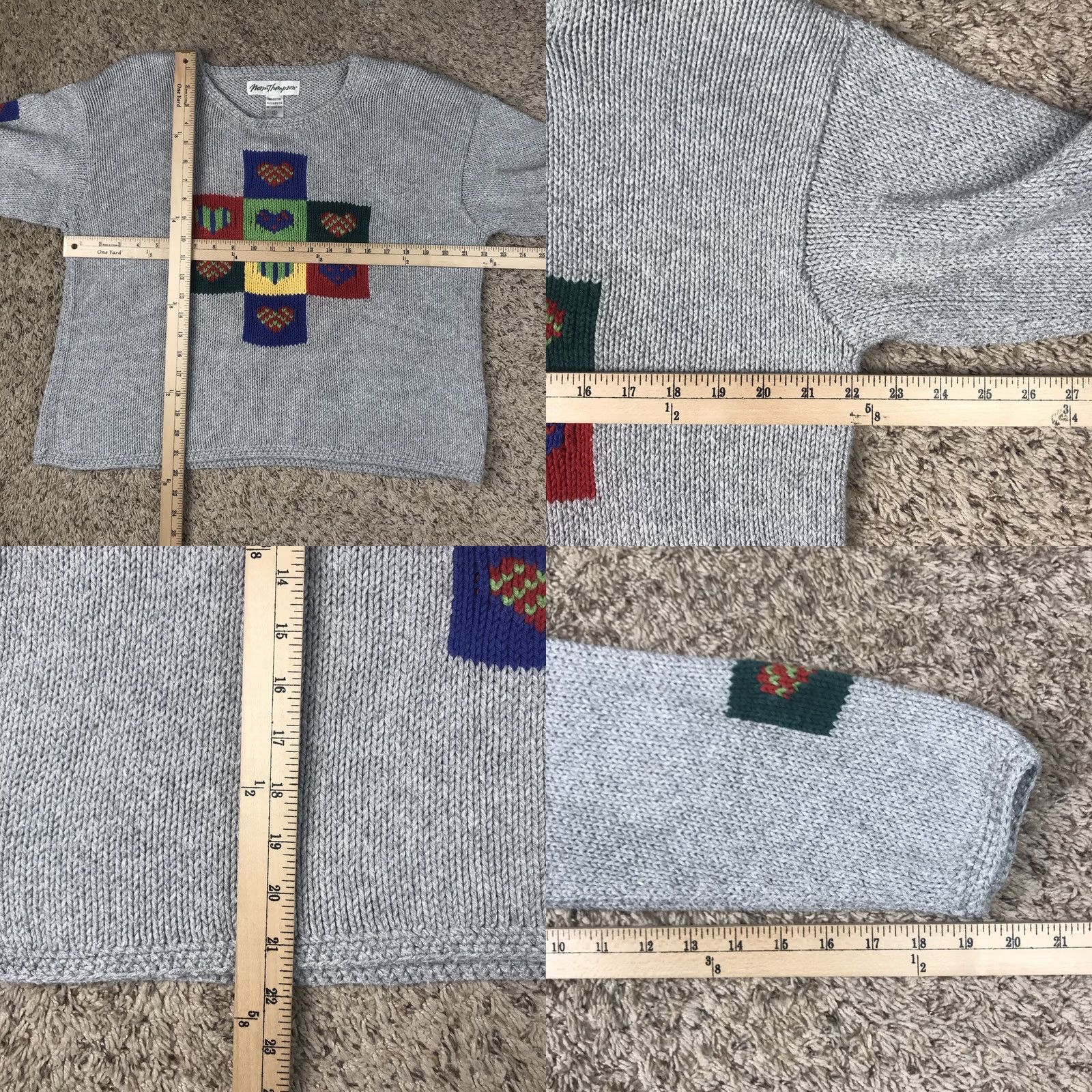 Jim Thompson VINTAGE Norm Thompson Womens Gray Crop Knit Sweater Small Heart Knit Graphic Pullover Long Sleeve Boat Neck Size S / US 4 / IT 40 - 8 Thumbnail