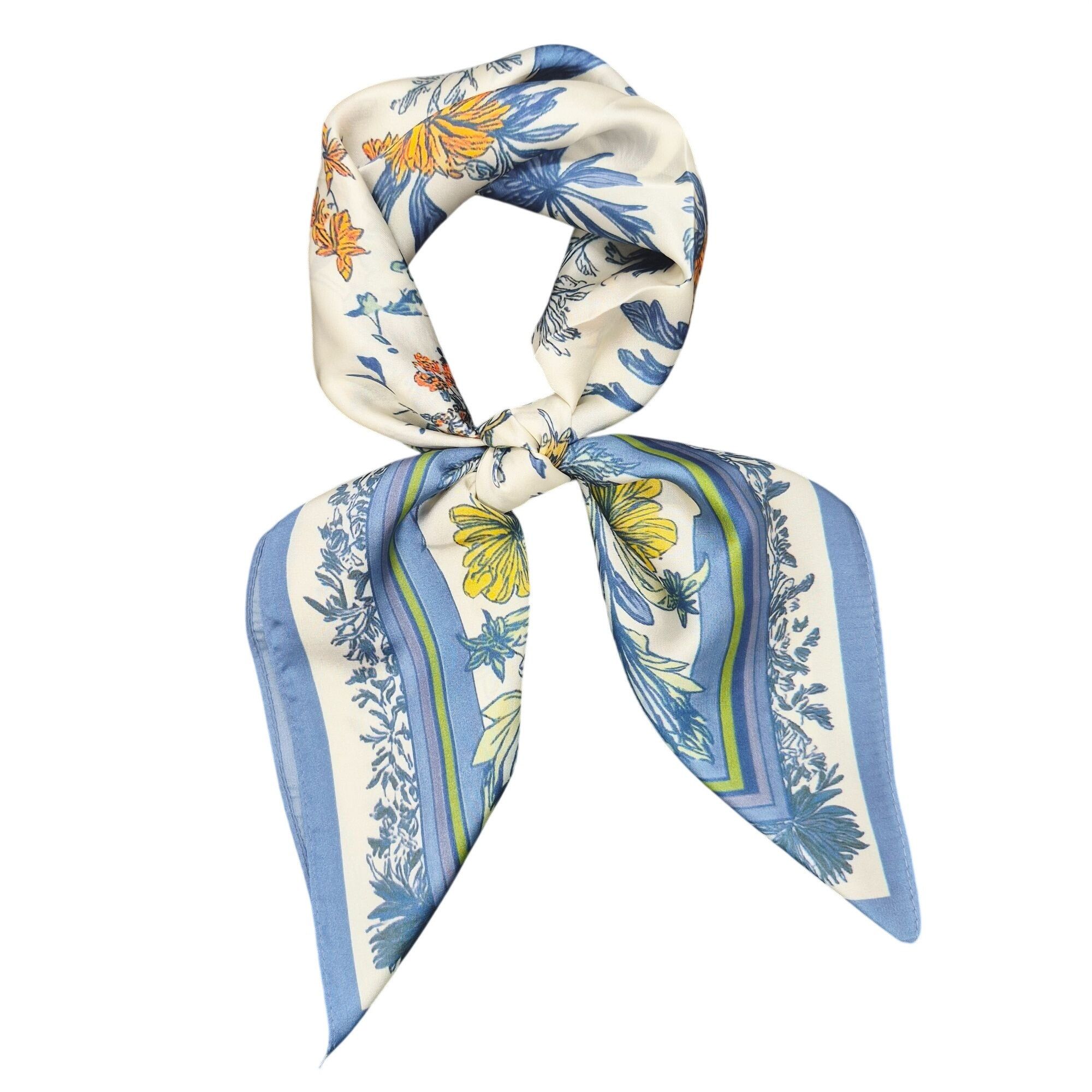 Other ✨Elegant Blue Floral Silky Square Scarf Beige Blue Luxury Ne Size ONE SIZE - 3 Thumbnail