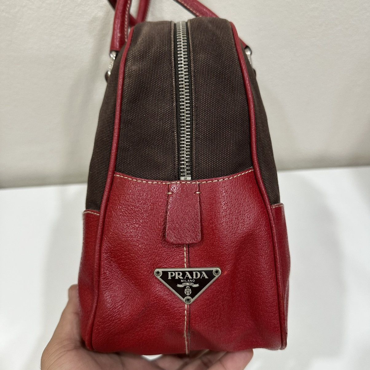 Prada PRADA BOWLING MINI BOSTON BAG BROWN CANVAS RED TRIM LEATHER Size ONE SIZE - 10 Thumbnail