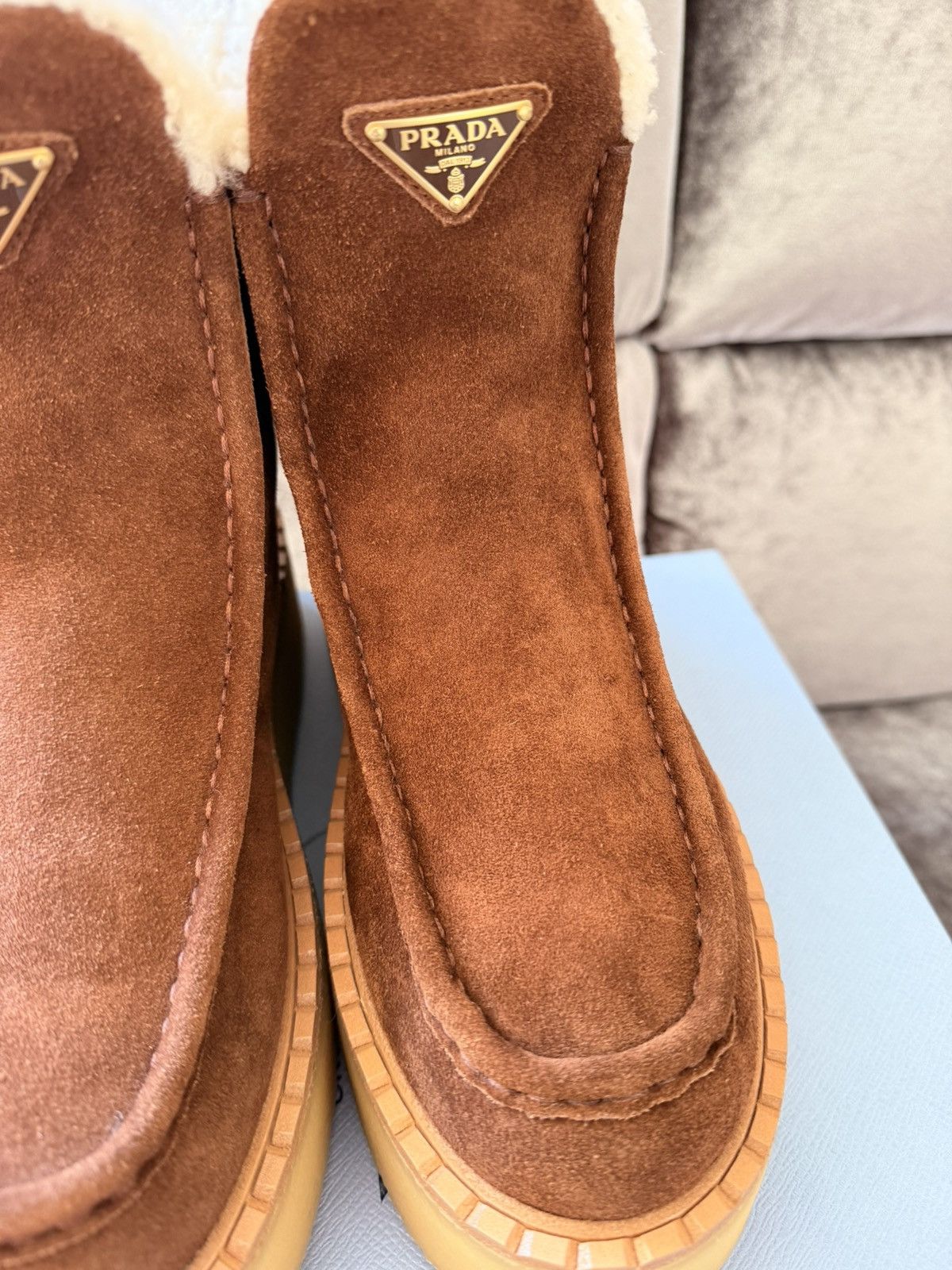 Prada BNWT $1450 Prada Brown Suede Leather Lambskin Fur Boots Size US 8 / IT 38 - 12 Thumbnail