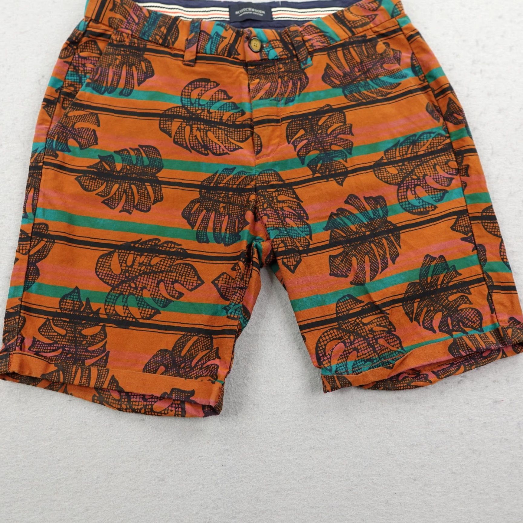 Scotch & Soda SCOTCH & SODA Shorts Mens 28 Chino Casual Summer Orange Green Leaf Print Stripes Inseam 8in Flat Front Pocketed Mens Size US 28 / EU 44 - 3 Thumbnail