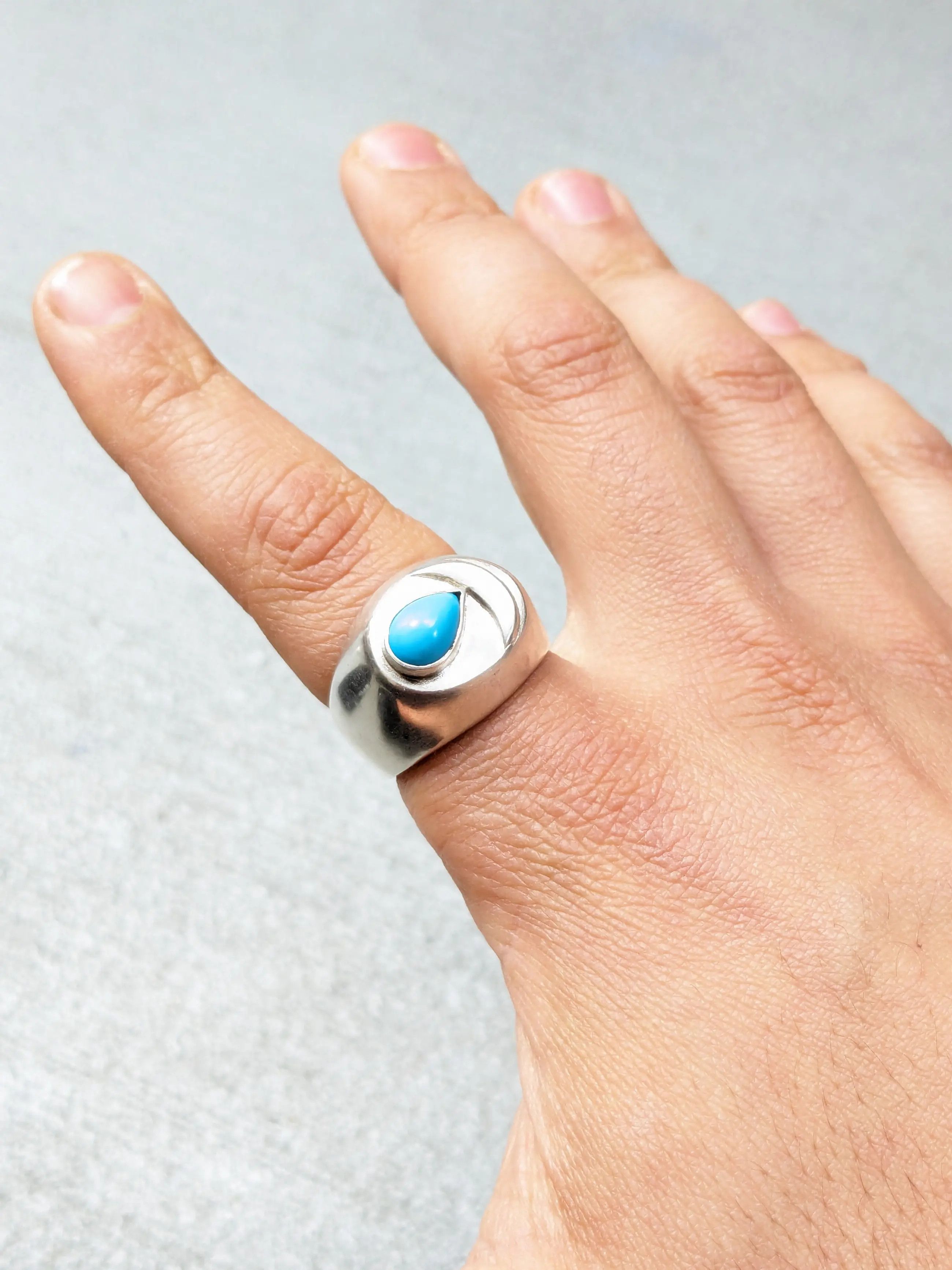 Jewelry Vintage Sterling Silver Ring Turquoise 10.75 Modern Art Deco Size ONE SIZE - 12 Thumbnail