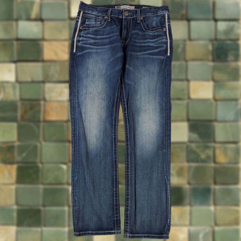 Vintage BKE Buckle Carter Straight Blue Jeans Embroidered 33R Mens 33 x 32 Blue Straight Jeans 33R Mens Size US 33 - 1 Thumbnail