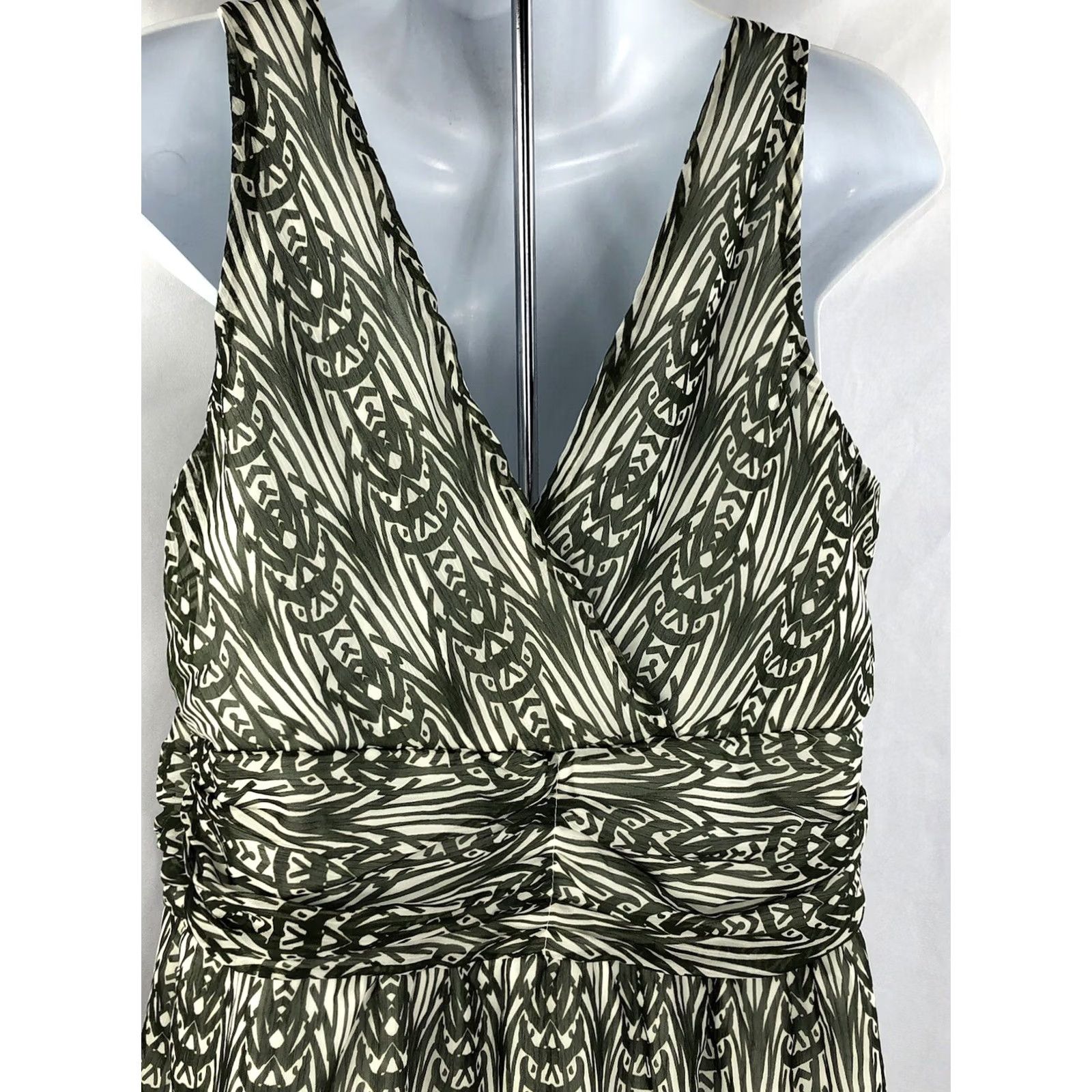 Vintage Rickis Sleeveless Chiffon Top 10 Green Geo Ruched Flowy Whimsy Artsy Fairy Boho Size L / US 10 / IT 46 - 4 Thumbnail