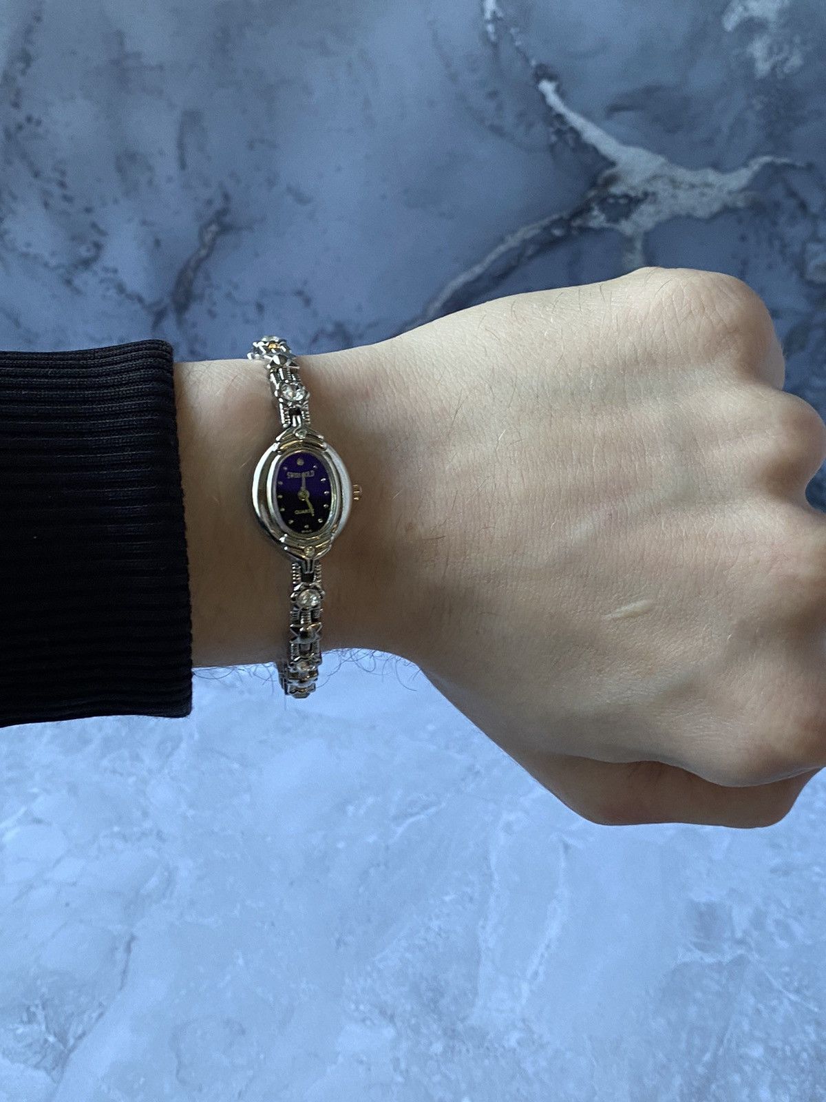 Jewelry × Vintage Swiss Gold Watch with Purple Dial & Crystals Size ONE SIZE - 13 Thumbnail