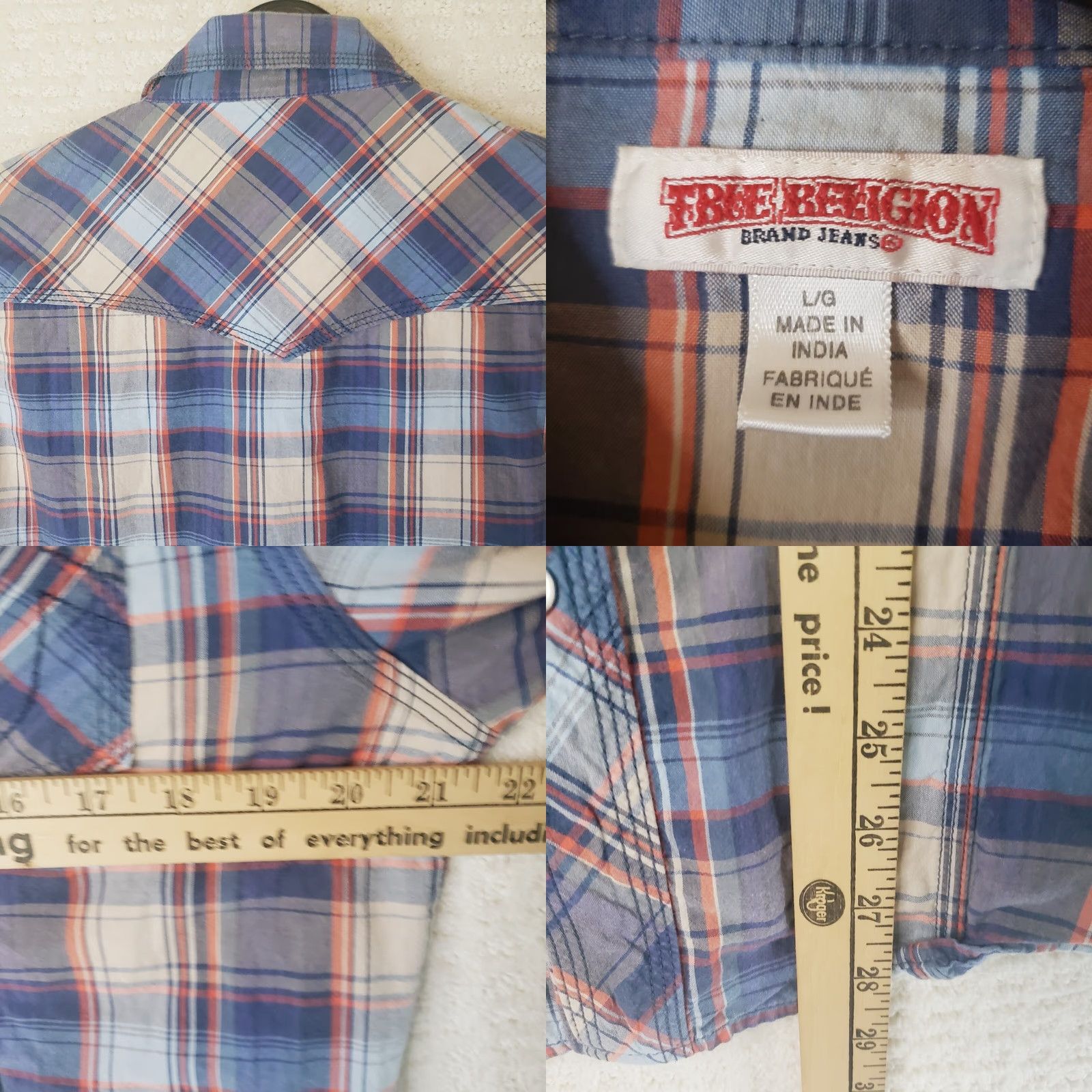 True Religion True Religion Shirt Men L Blue Plaid Pearl Snap Western Long Sleeve Cotton Twill Button-Up Casual Workwear Party/Cocktail Mens Size US L / EU 52-54 / 3 - 9 Thumbnail