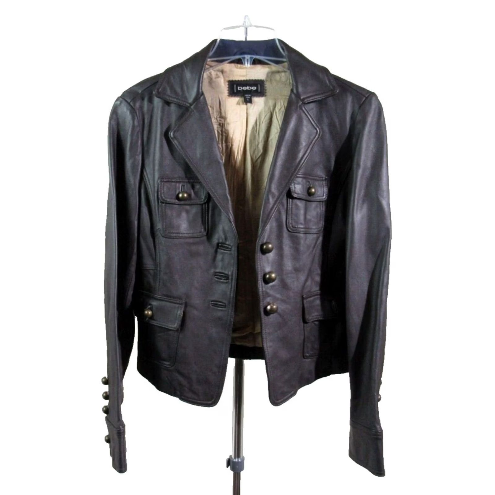 Bebe Bebe Women's Brown Leather Jacket Large Rock Punk | Pre-Owned, Pockets, Button Closure, Short Jacket, Regular Size, Fall/Spring/Summer/Winter | Women Size L / US 10 / IT 46 - 2 Thumbnail