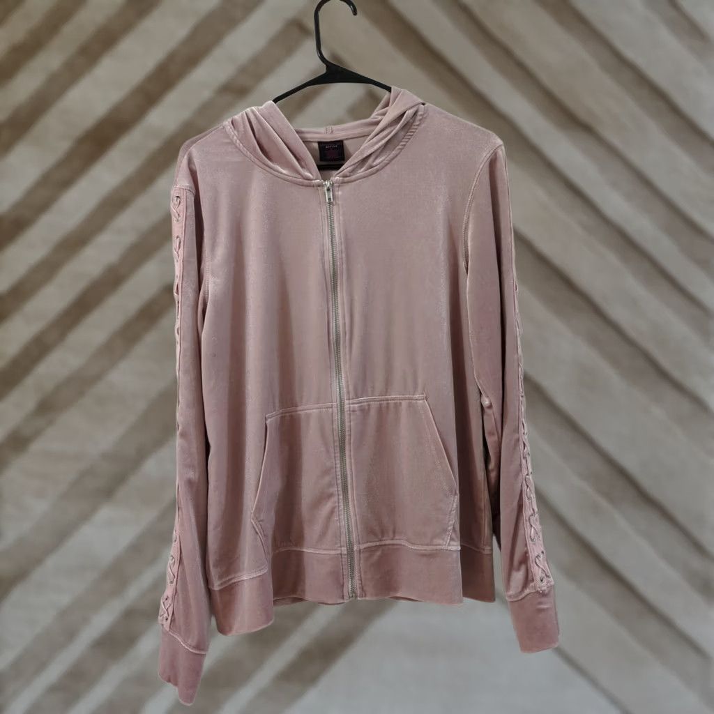 Velour Material Girl Hoodie Woman L Pink Velour Lace Up Sleeves Zip Jacket Size L Size L / US 10 / IT 46 - 1 Thumbnail