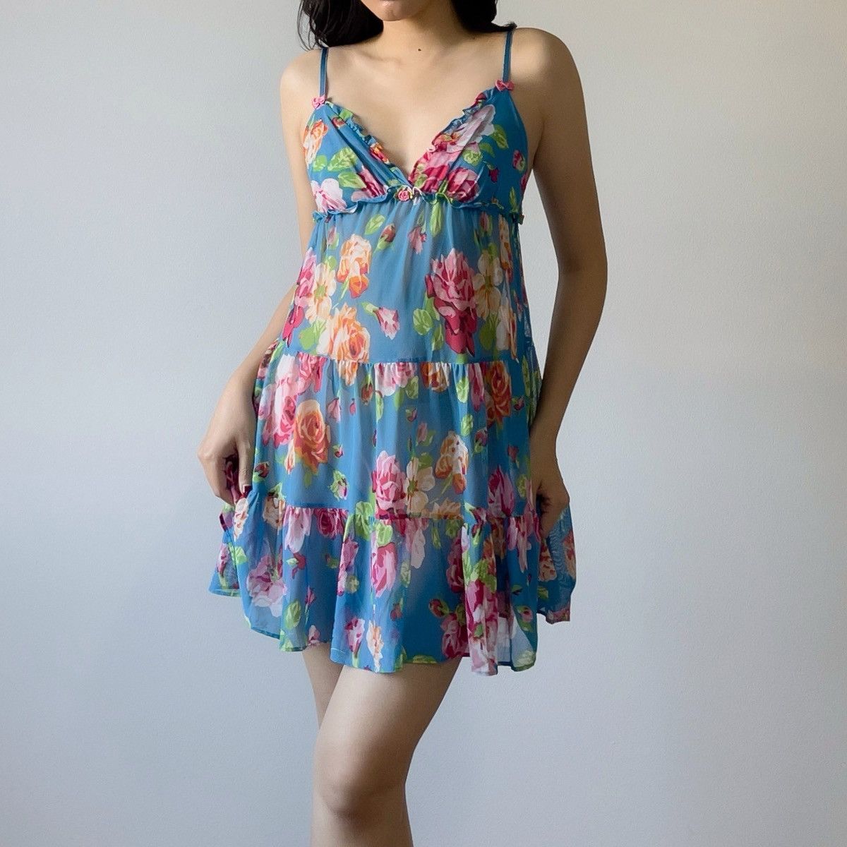Betsey Johnson × Vintage Vintage Betsey Johnson Blue Floral Mesh Sheer Slip Dress (S) Size S / US 4 / IT 40 - 5 Thumbnail