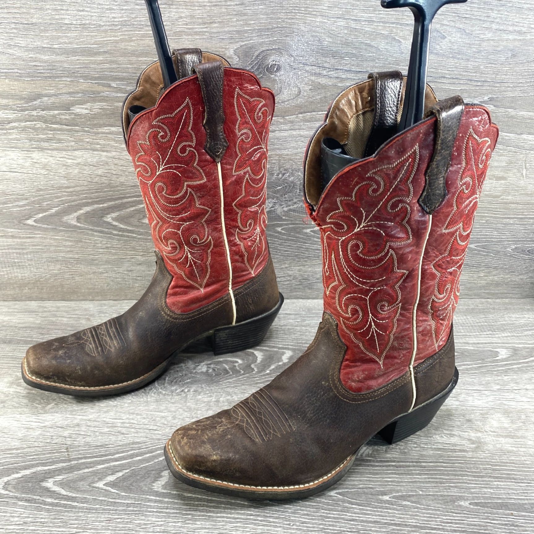 Ariat Ariat Ladies 9.5 B Cowboy Round Up Square Toe Brown & Red Leather Western Boots Size US 7 / IT 37 - 7 Thumbnail