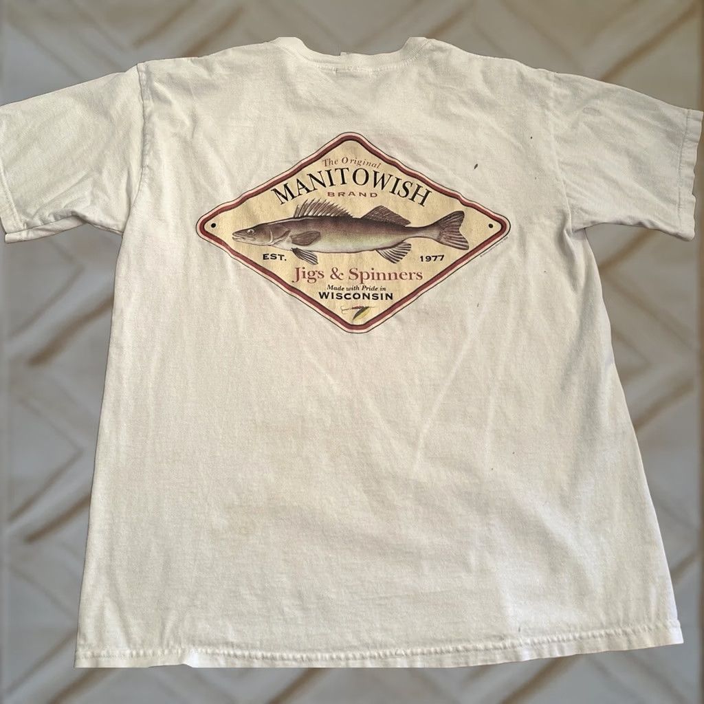 Vintage Manitowish Brand Jigs And Spinners Fishing T-Shirt White Large Distressed Mens L White Distressed Fish Shirt Size US L / EU 52-54 / 3 - 1 Thumbnail