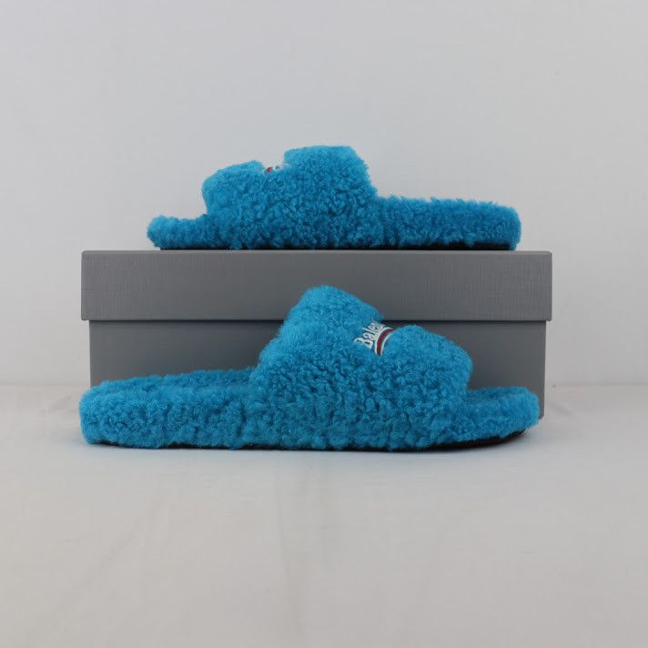 image of Balenciaga O1Rshd1 Q: 2 / Fake Shearling Furry Slide In Cyan, Men's (Size 13)
