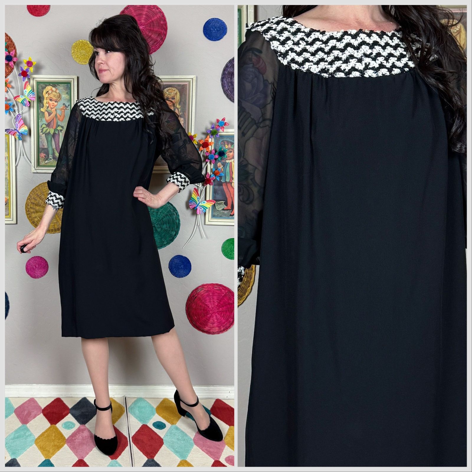 Vintage Vintage Black Soutache Shift Dress With Chiffon Sleeves Size M / US 6-8 / IT 42-44 - 1 Thumbnail
