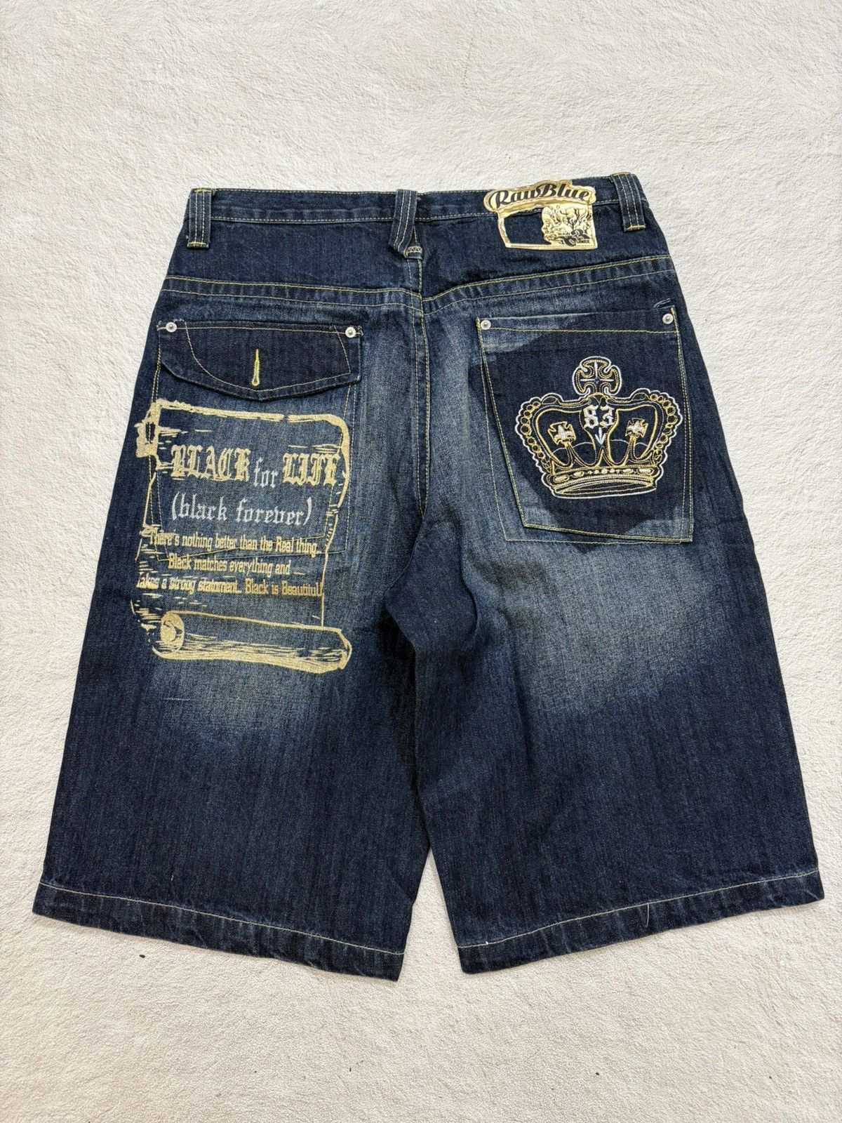 JNCO 2000s rawrblue poem embroidery jorts denim y2k style Size US 33 - 1 Thumbnail