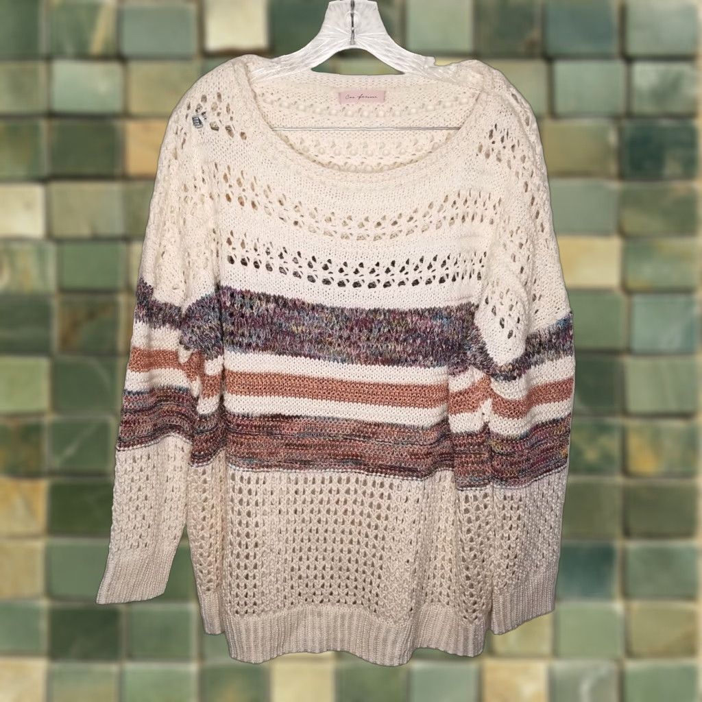 Vintage Femme Womens Striped Knitted Long Sleeve Pullover Sweater Beige Large Size L / US 10 / IT 46 - 1 Thumbnail
