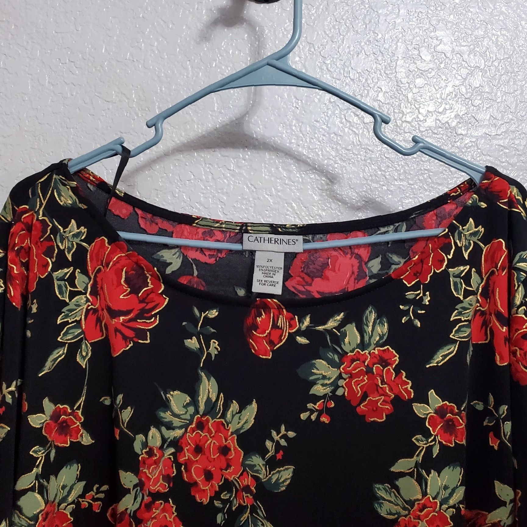 Vintage Catherines Dress Womens 2X Black Floral Ruffle Sleeve Pullover Knee Length Round Neck Womens Size XXL / US 16-18 / IT 52-54 - 4 Thumbnail
