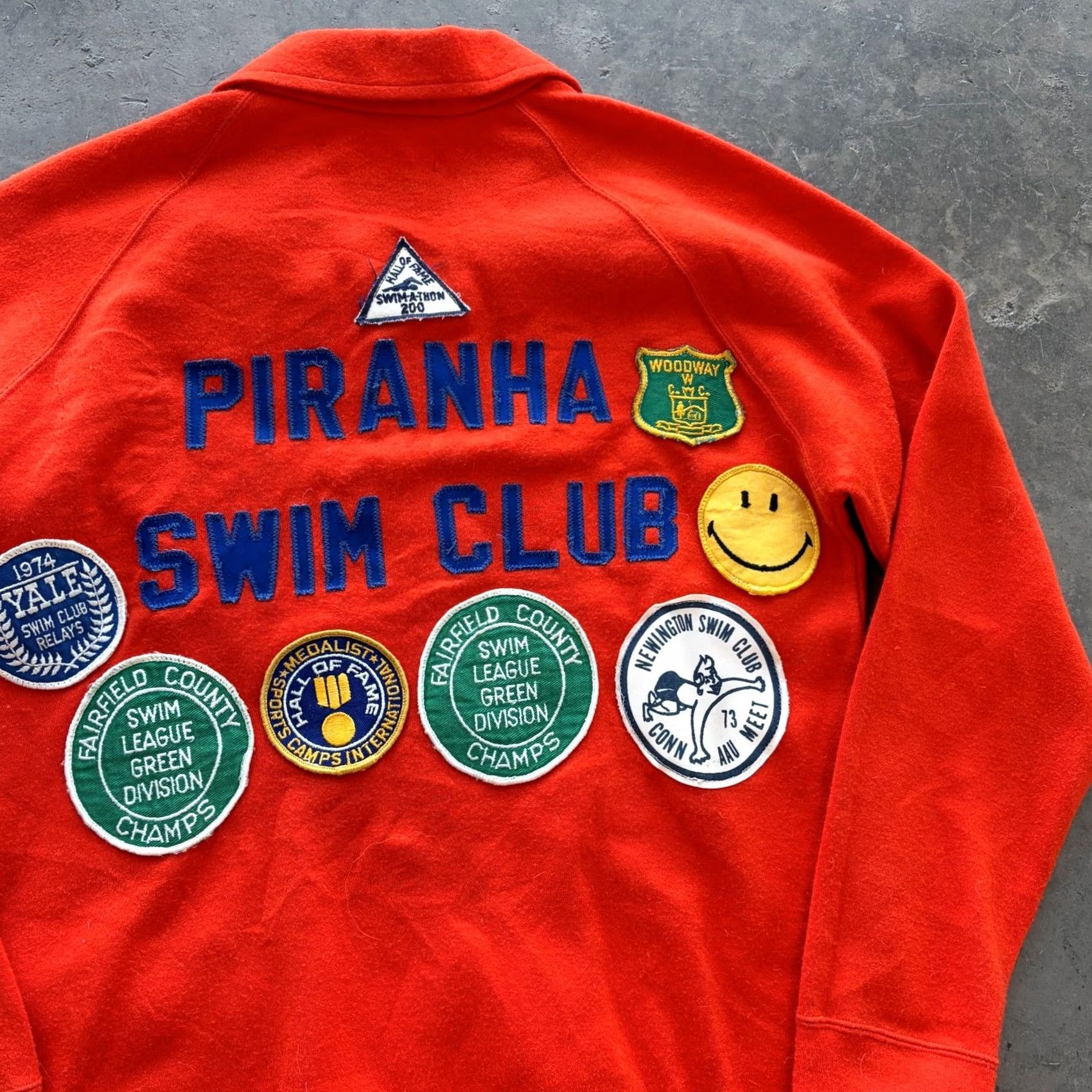 Swims VINTAGE Piranha Swim Club Team Varsity Jacket Yale HOF Patch Covered M Orange 1970's Men Size US M / EU 48-50 / 2 - 2 Thumbnail