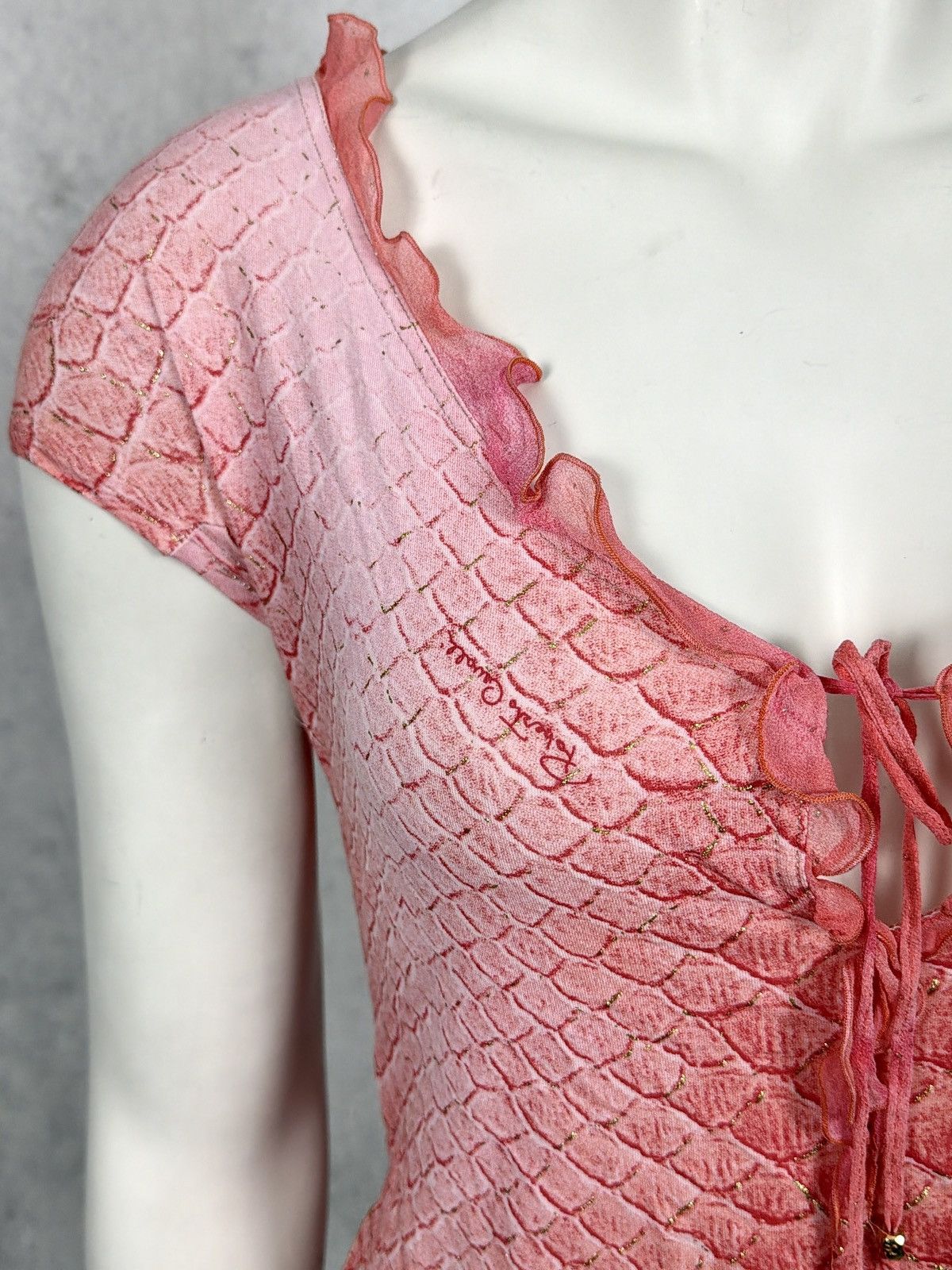Roberto Cavalli Roberto Cavalli 1990’s Ruffled Reptile Scale Print Lace Top Size M / US 6-8 / IT 42-44 - 7 Thumbnail