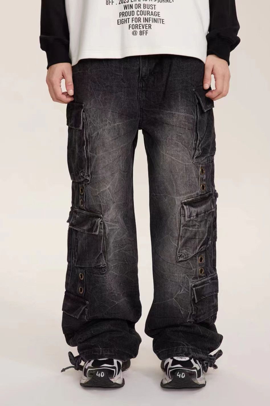 Vintage washed heavy duty multi-pocket rare jeans