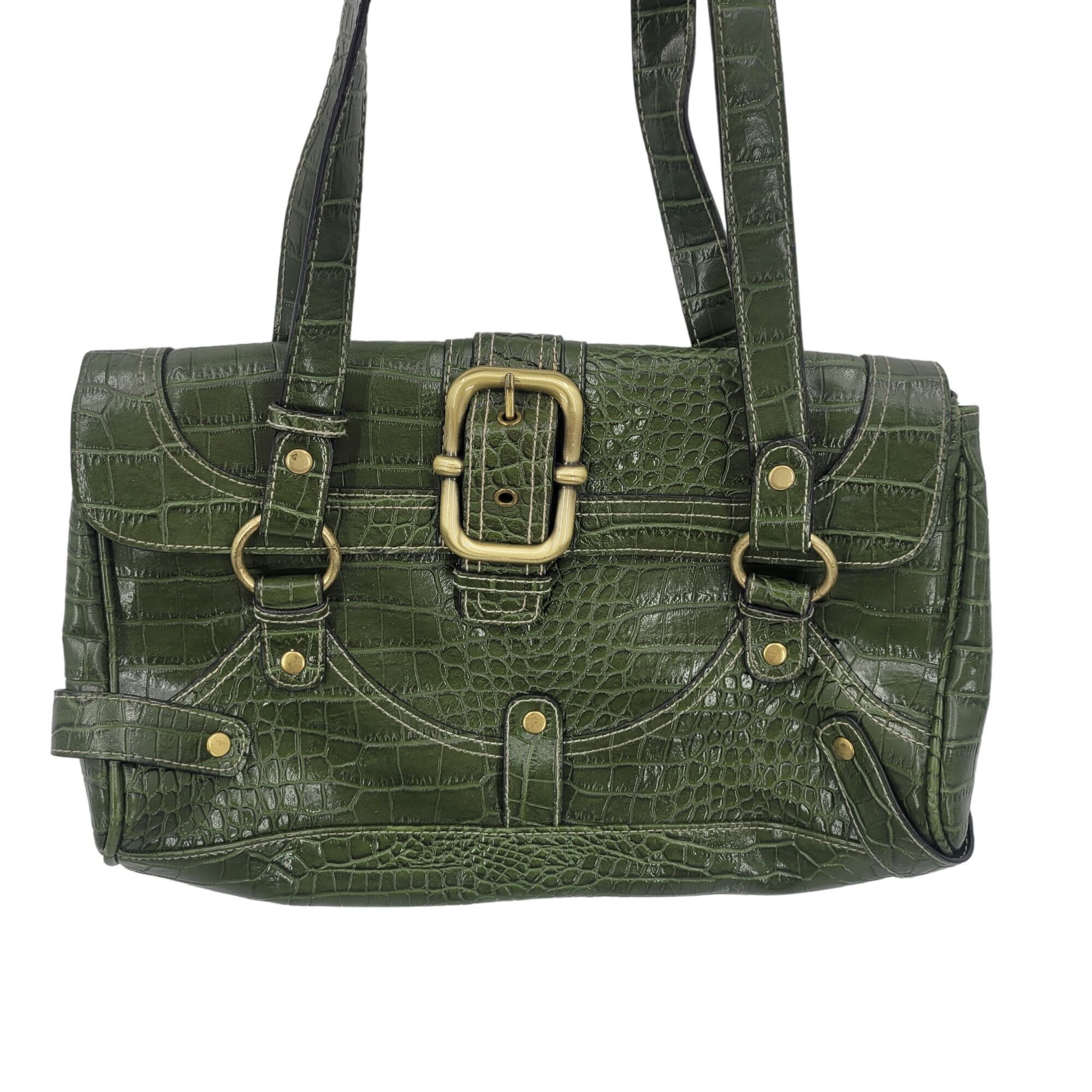 Vintage Vintage Green Vegan Faux Croc Shoulder Bag Satchel Gold Buck Size ONE SIZE - 3 Thumbnail