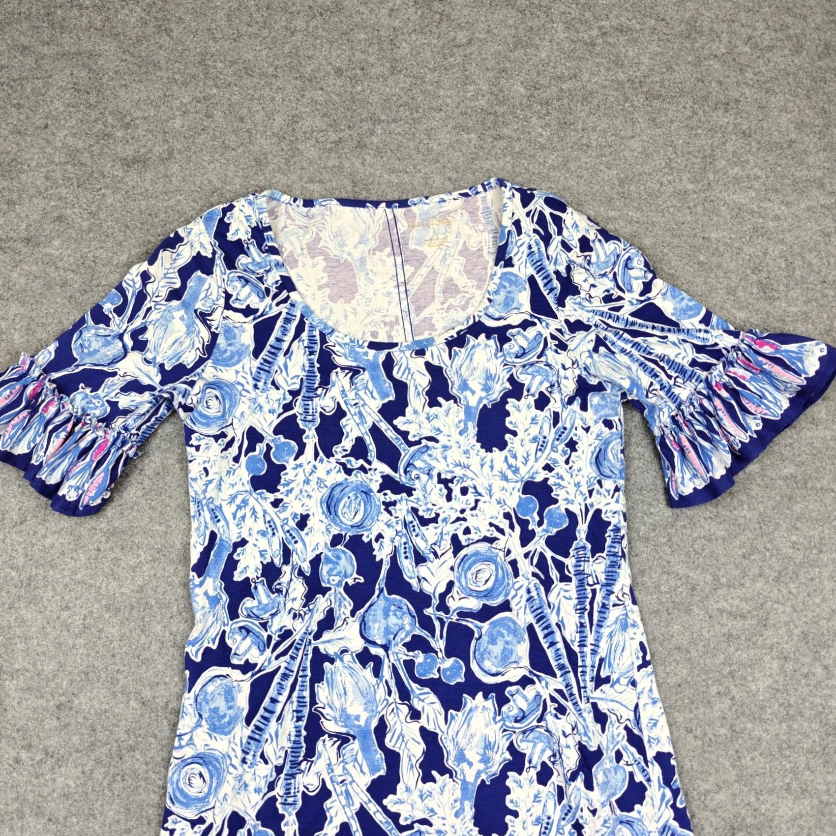 Lilly Pulitzer Lilly Pulitzer Dress Womens S Blue Floral Jersey Ruffle Bell Sleeve Shift Size S / US 4 / IT 40 - 3 Thumbnail