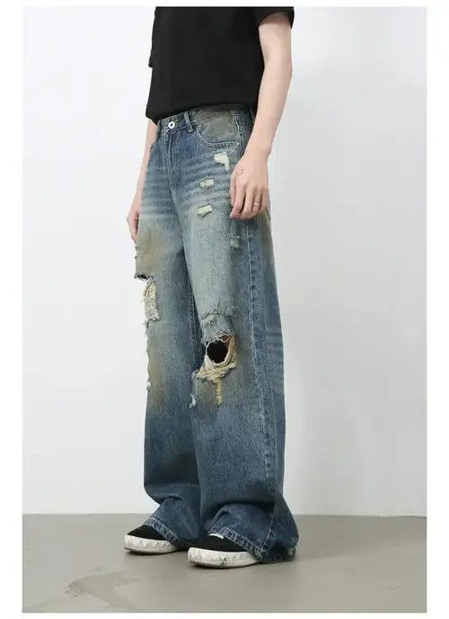 Jean American retro men's washed loose straight-leg ripped jeans Size US 32 / EU 48 - 4 Thumbnail