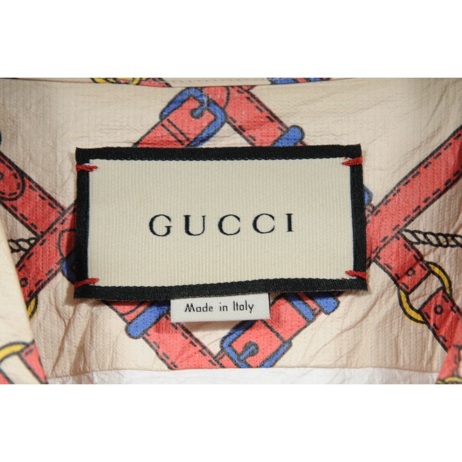 Gucci Red Tan Wrinkled Paper Belts Bowling Button Down Shirt SS Size US M / EU 48-50 / 2 - 5 Thumbnail