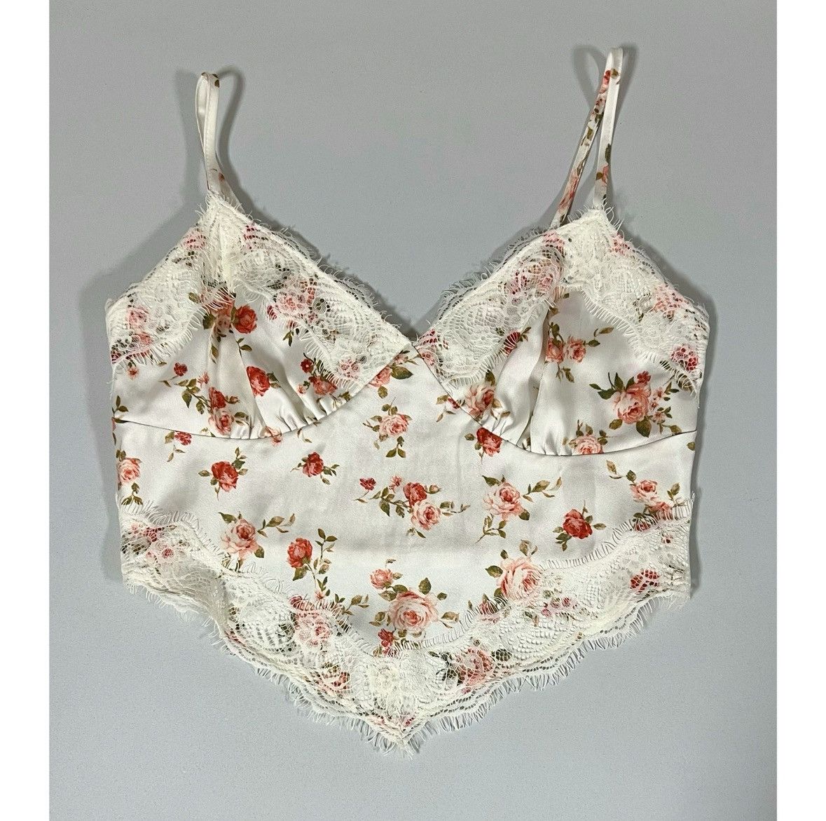 Japanese Brand White Pink Satin Lace Floral Crop Top Shirt Blouse Size M 🌹✨ Size M / US 6-8 / IT 42-44 - 2 Thumbnail