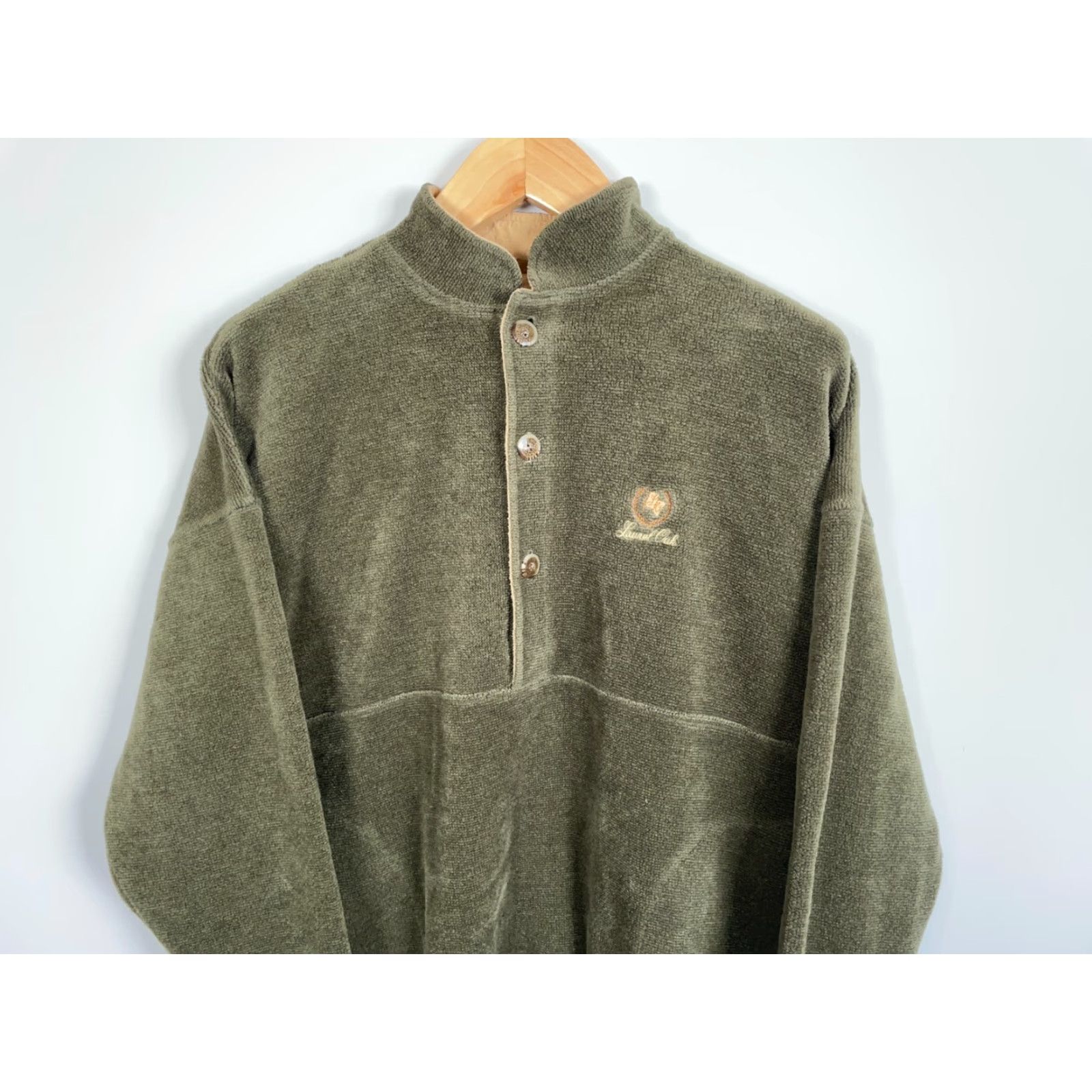 Olive VINTAGE Straight Down Fleece Henley Pullover Shirt Mens Large Olive Green USA Made 80s Retro Golf Pockets Front Embroidery Size US L / EU 52-54 / 3 - 4 Thumbnail