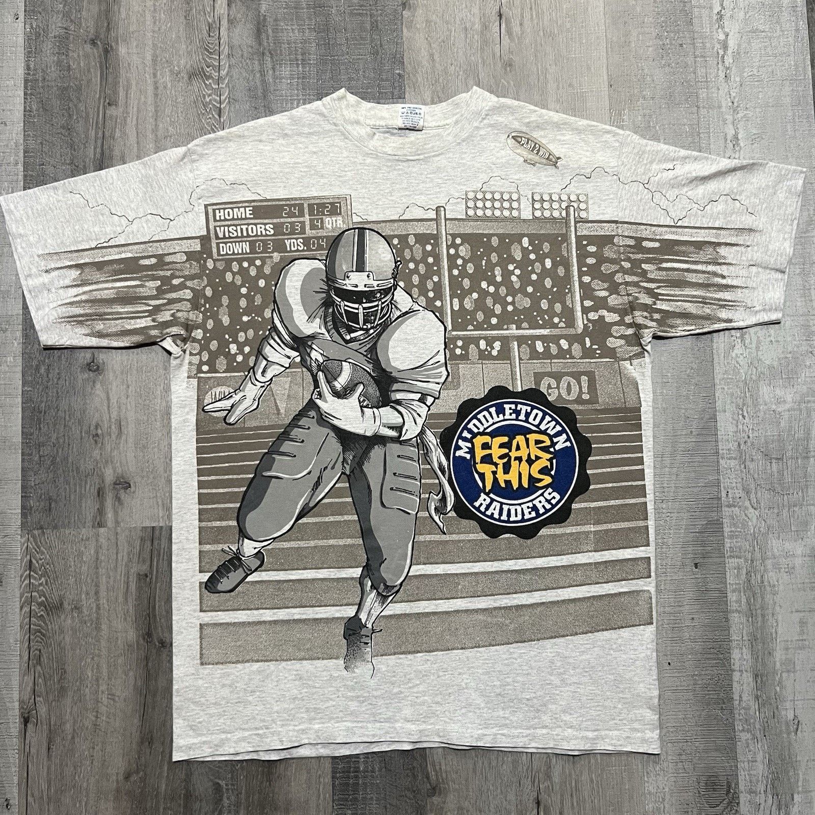 VTG Raiders All Over Print Grey Football T Shirt 90s Size XL
