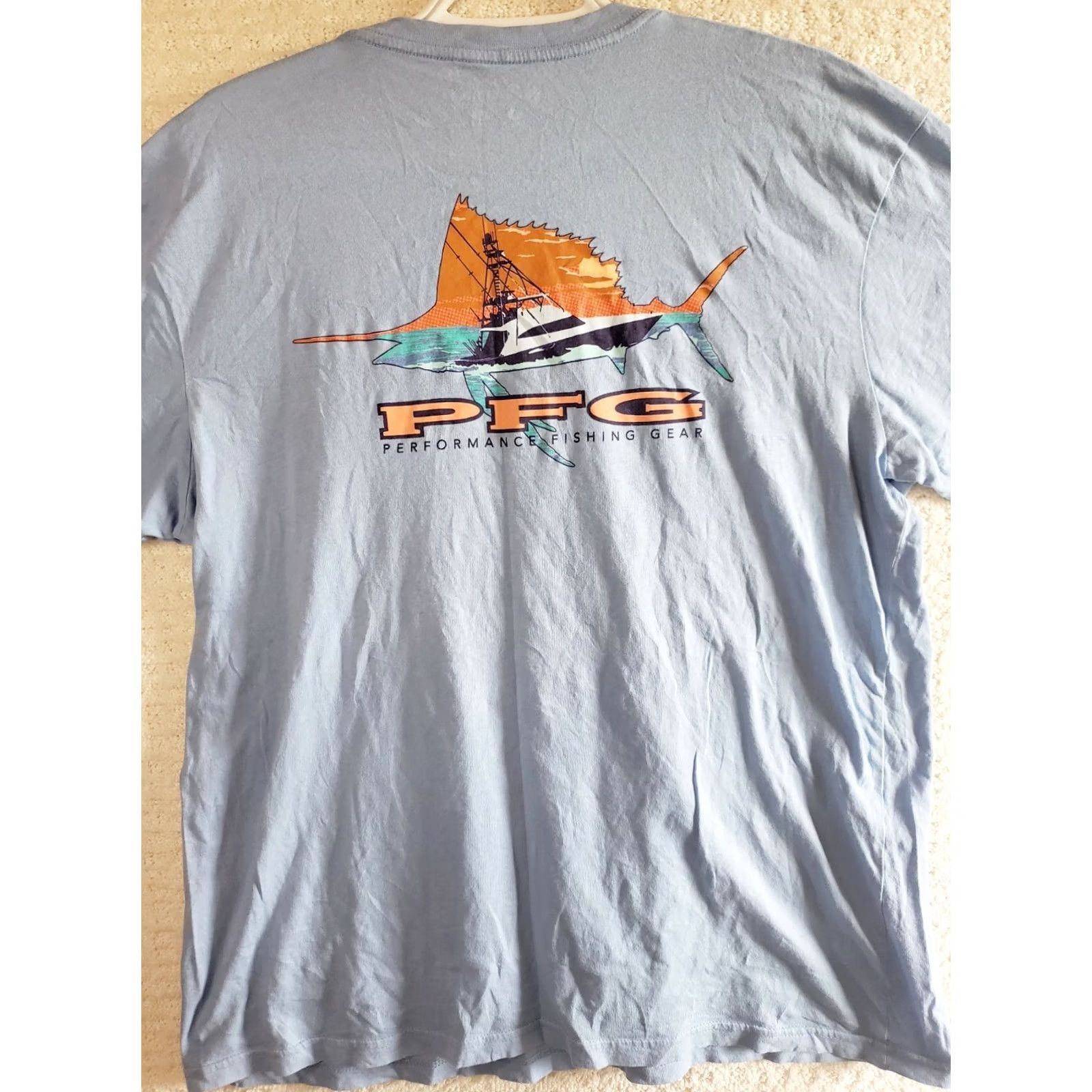 Vintage Columbia PFG Men's L Tee Shirt Blue Logo USA Sailfish Sport Fishing Navy White Green Yellow Fisherman Size US L / EU 52-54 / 3 - 5 Thumbnail