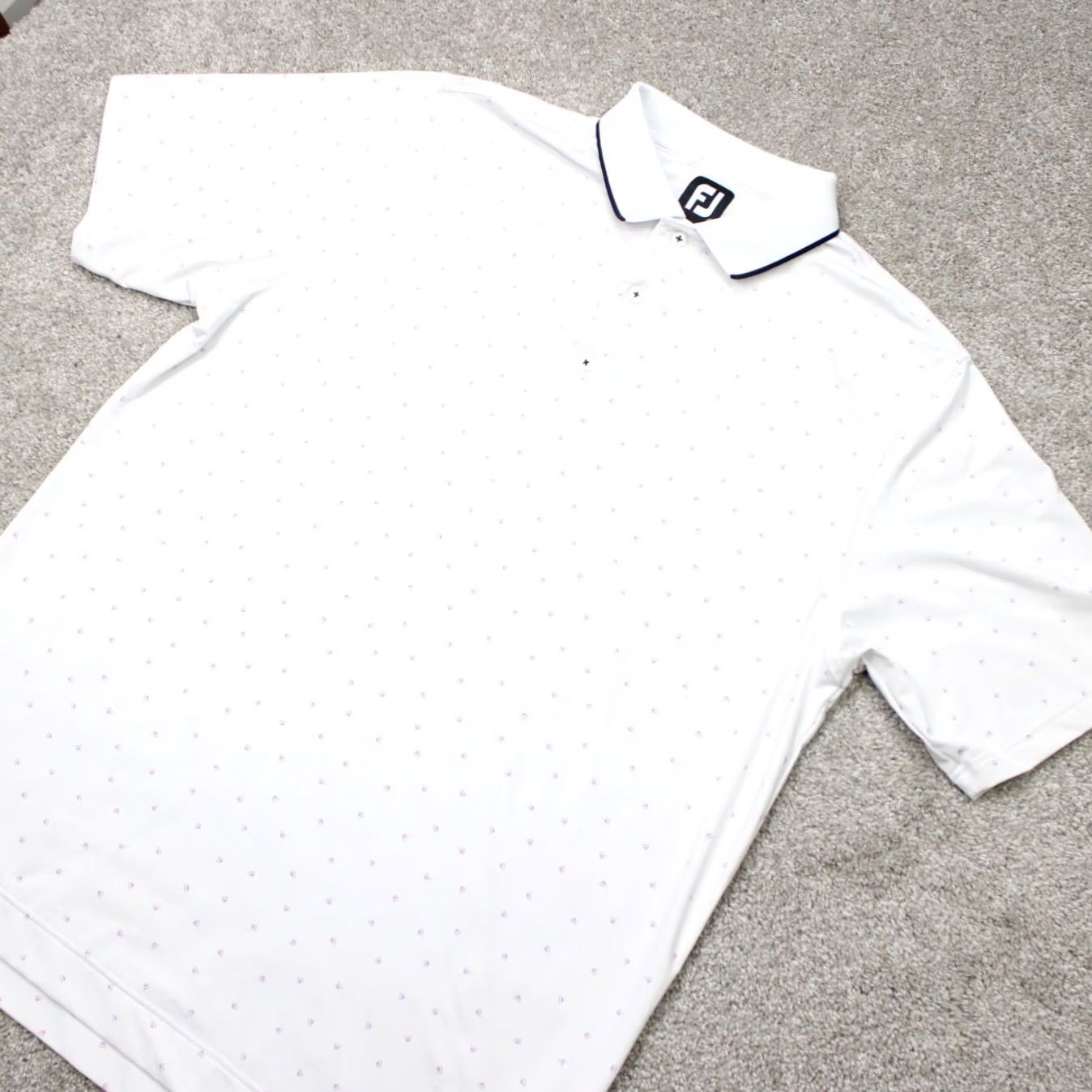 Footjoy FootJoy Polo Shirt Mens Large White All Over Print S/S Geometric 88% Polyester 12% Spandex Golf Sports Size US L / EU 52-54 / 3 - 4 Thumbnail