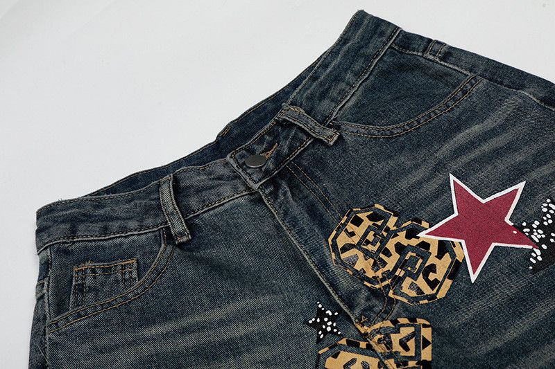 Jean American retro creative leopard letter print star jeans Size US 32 / EU 48 - 3 Thumbnail