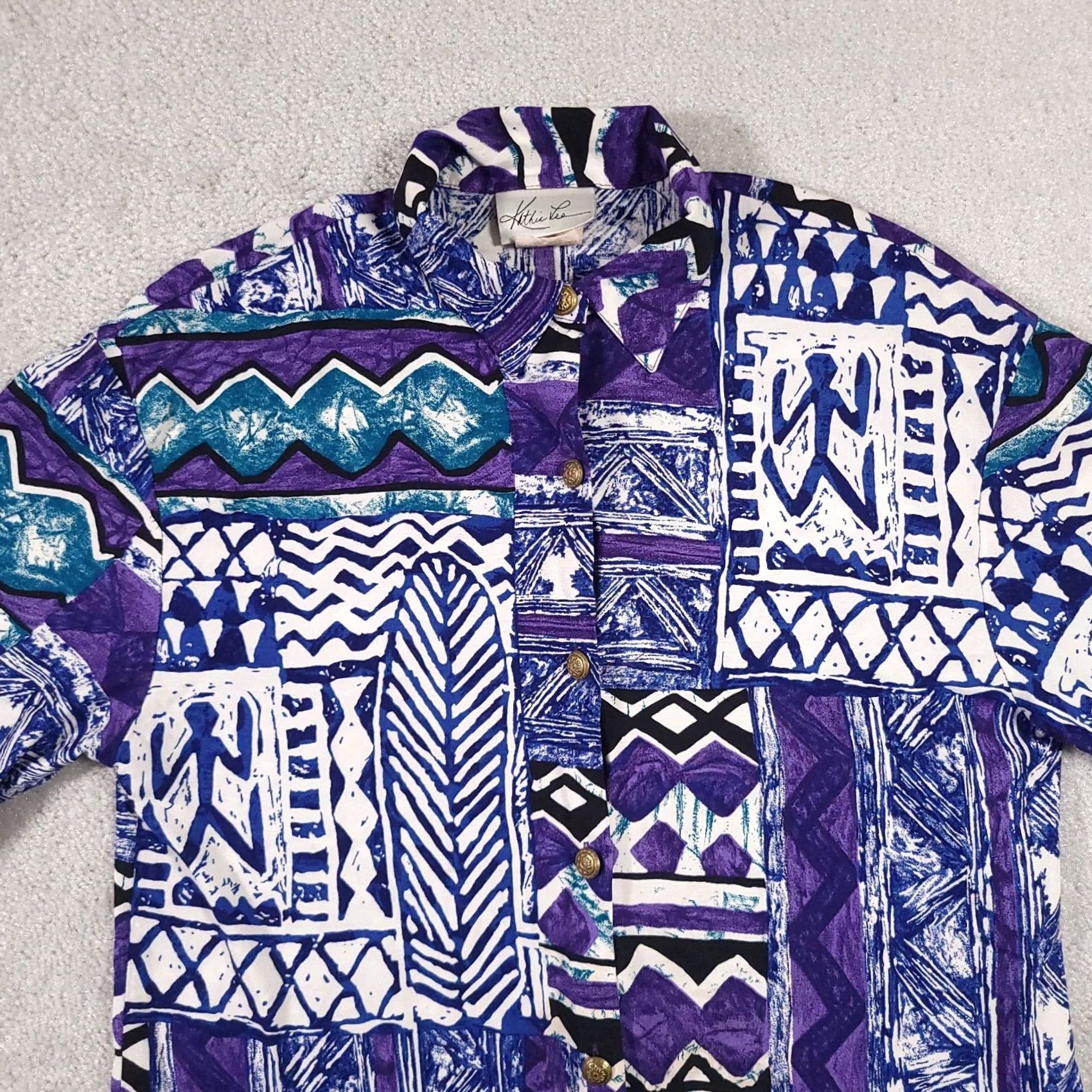 Lee VINTAGE Kathie Lee Button Up Shirt Women's 8 Blue Geometric Aztec Short Sleeve USA Size M / US 6-8 / IT 42-44 - 3 Thumbnail