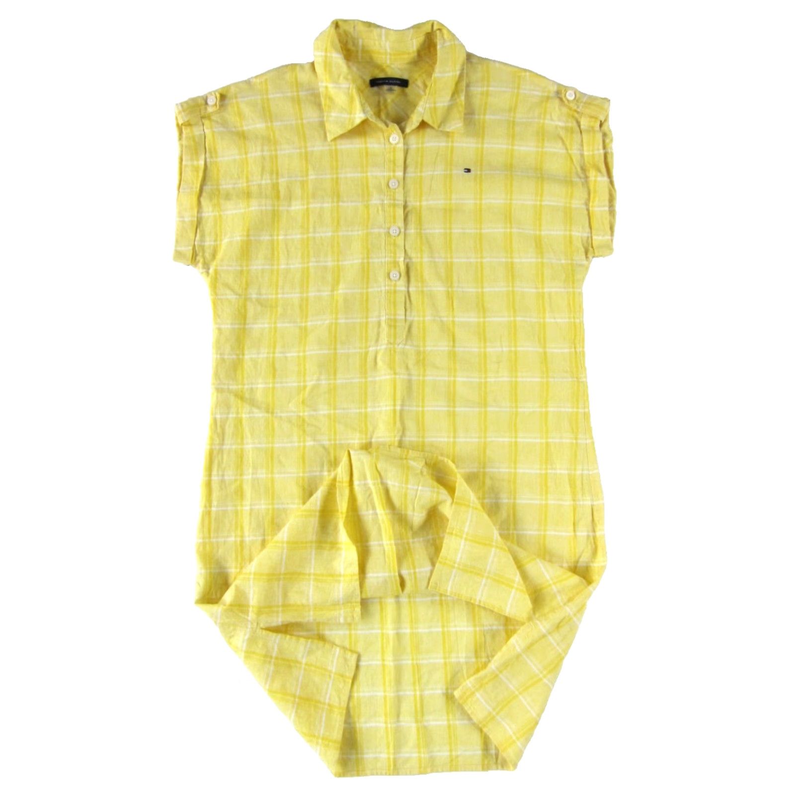 Tommy Hilfiger Tommy Hilfiger Shirt Dress Cap Sleeve Linen Yellow Plaid Tunic Collared Button 10 Midi Womens Size L / US 10 / IT 46 - 5 Thumbnail