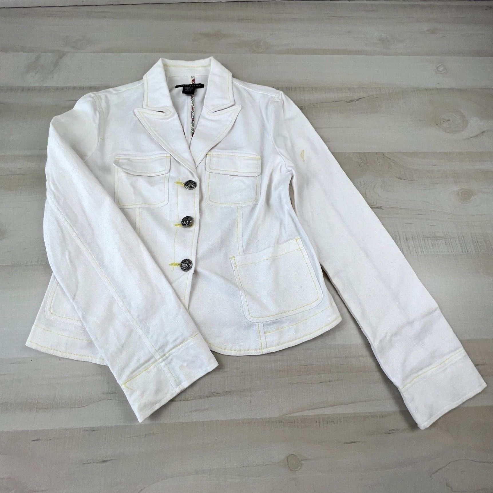 Vintage Luxurious Embellished White Cotton Button Front Large Women's Jacket by Larry Levine Size L / US 10 / IT 46 - 1 Thumbnail