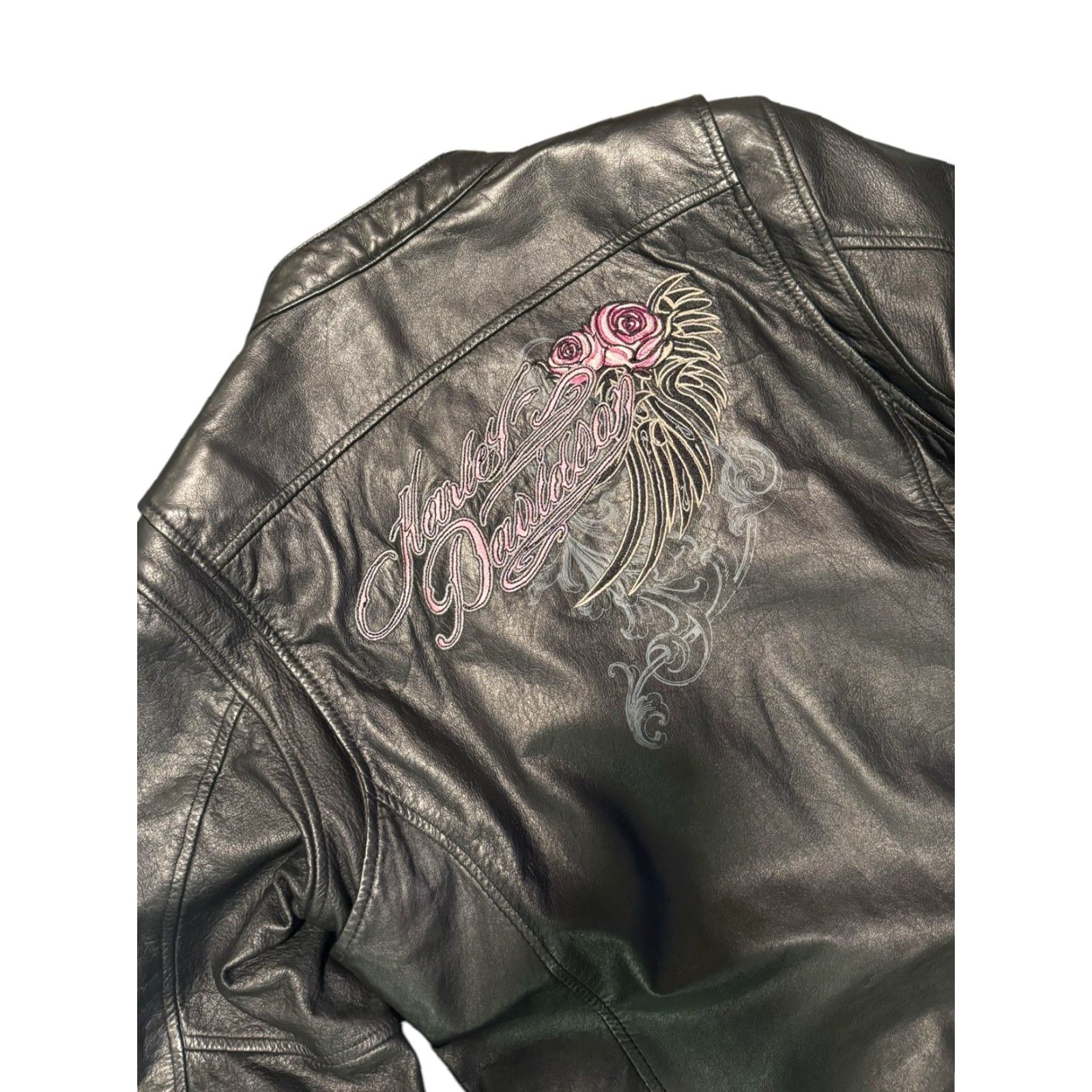 Harley Davidson VINTAGE Harley-Davidson Womens Biker Jacket Leather Rose Pink Size L Black Mid-Length Long Sleeve Regular Clean Embroidered Logo Size L / US 10 / IT 46 - 6 Thumbnail