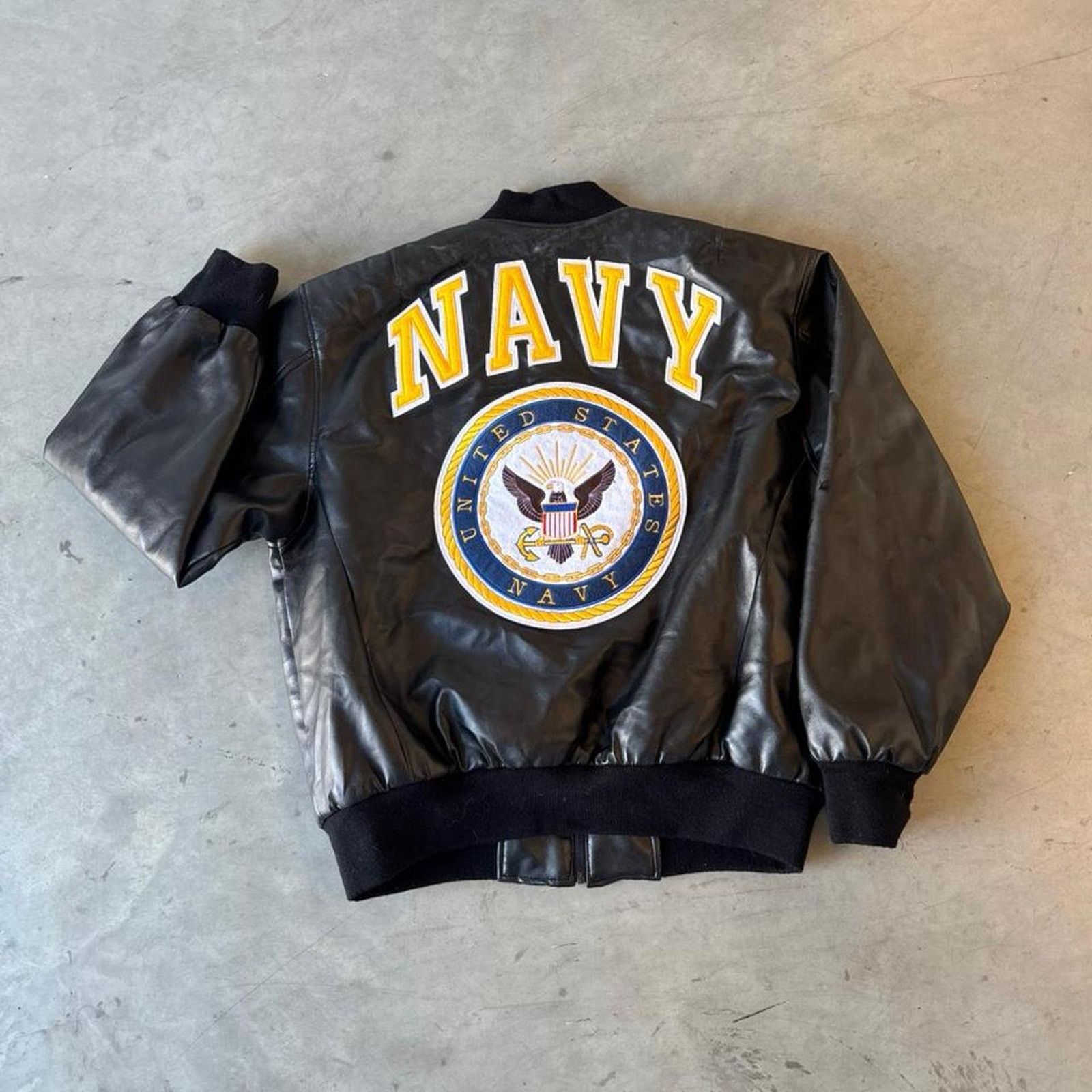 Other Y2k navy spellout embroidered leather bomber jacket Size US M / EU 48-50 / 2 - 3 Thumbnail