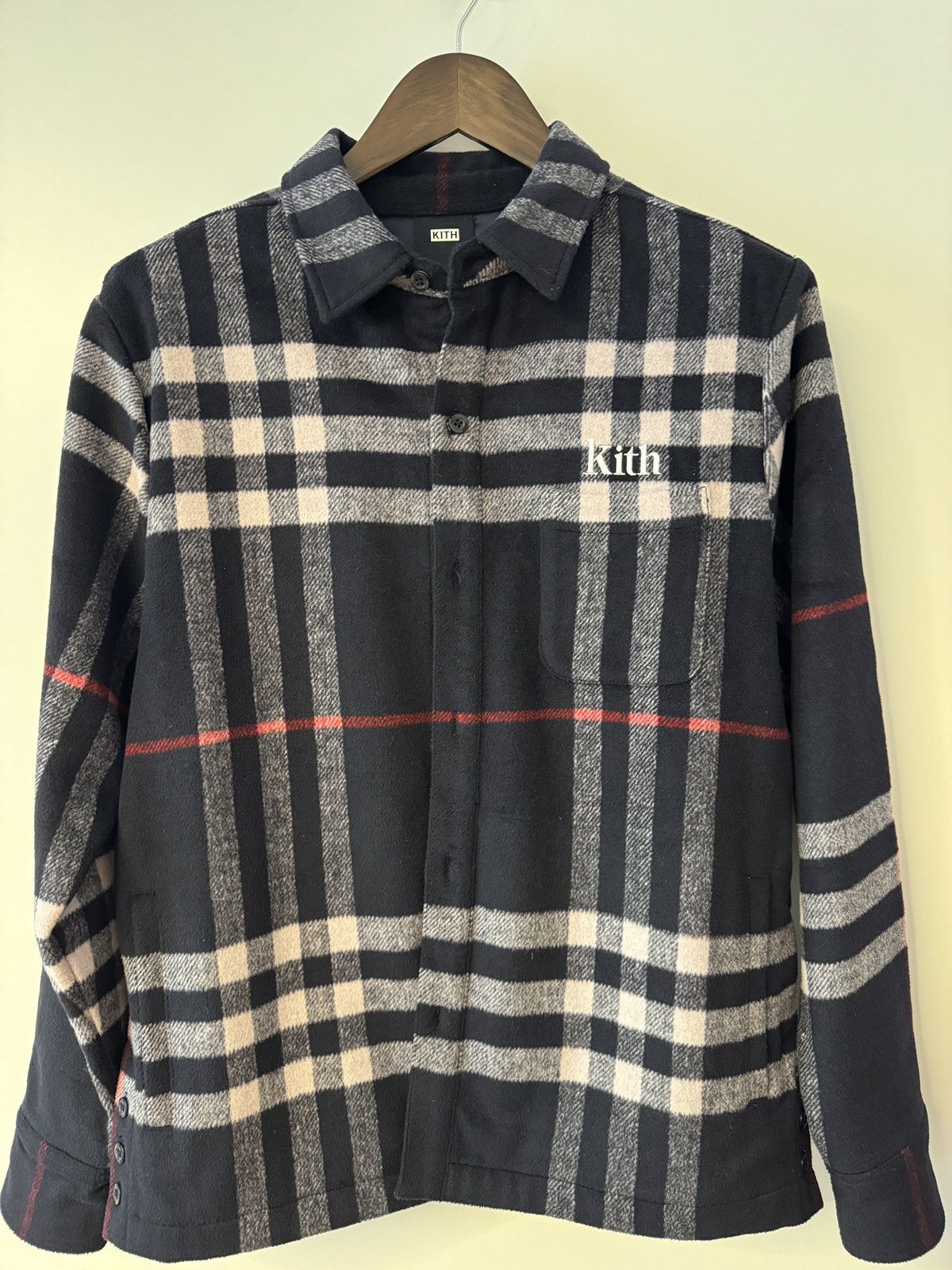 image of Kith Ginza Plaid Wool Shirt Jacket in Navy, Men's (Size Small)