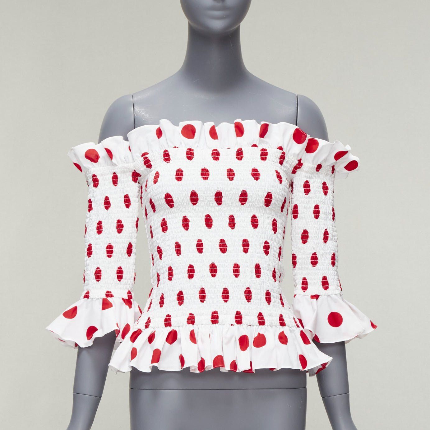 CAROLINE CONSTAS white red polka dot cotton ruffle ruched top XS